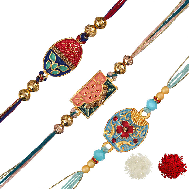 eCraftIndia Multicolor Set of 3 Semi Precious Designer Rakhis with Roli Chawal Pack 2