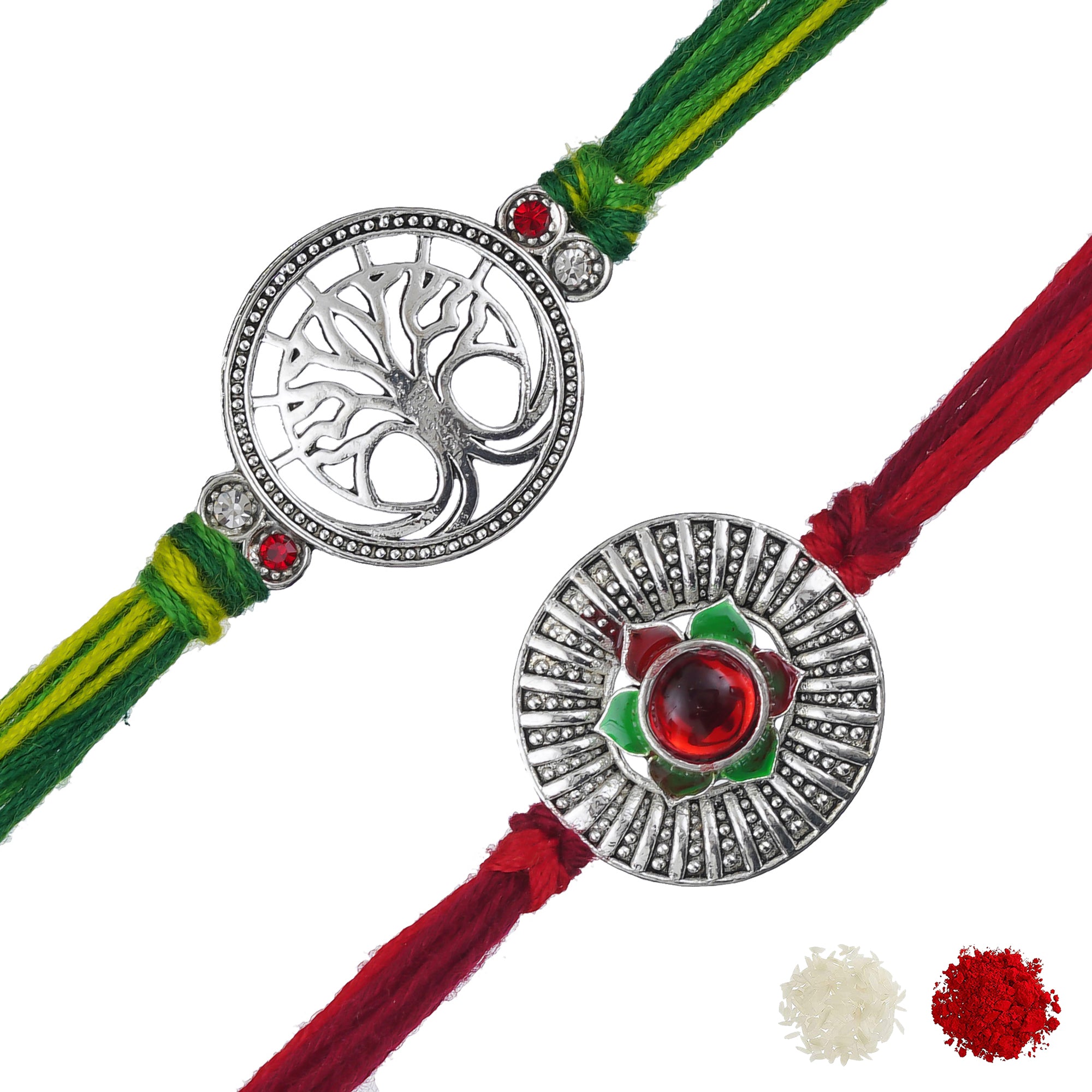 eCraftIndia Set of 2 Silver Flower and Tree Designer Rakhis with Red, Green Threads, and Roli Chawal Pack 2