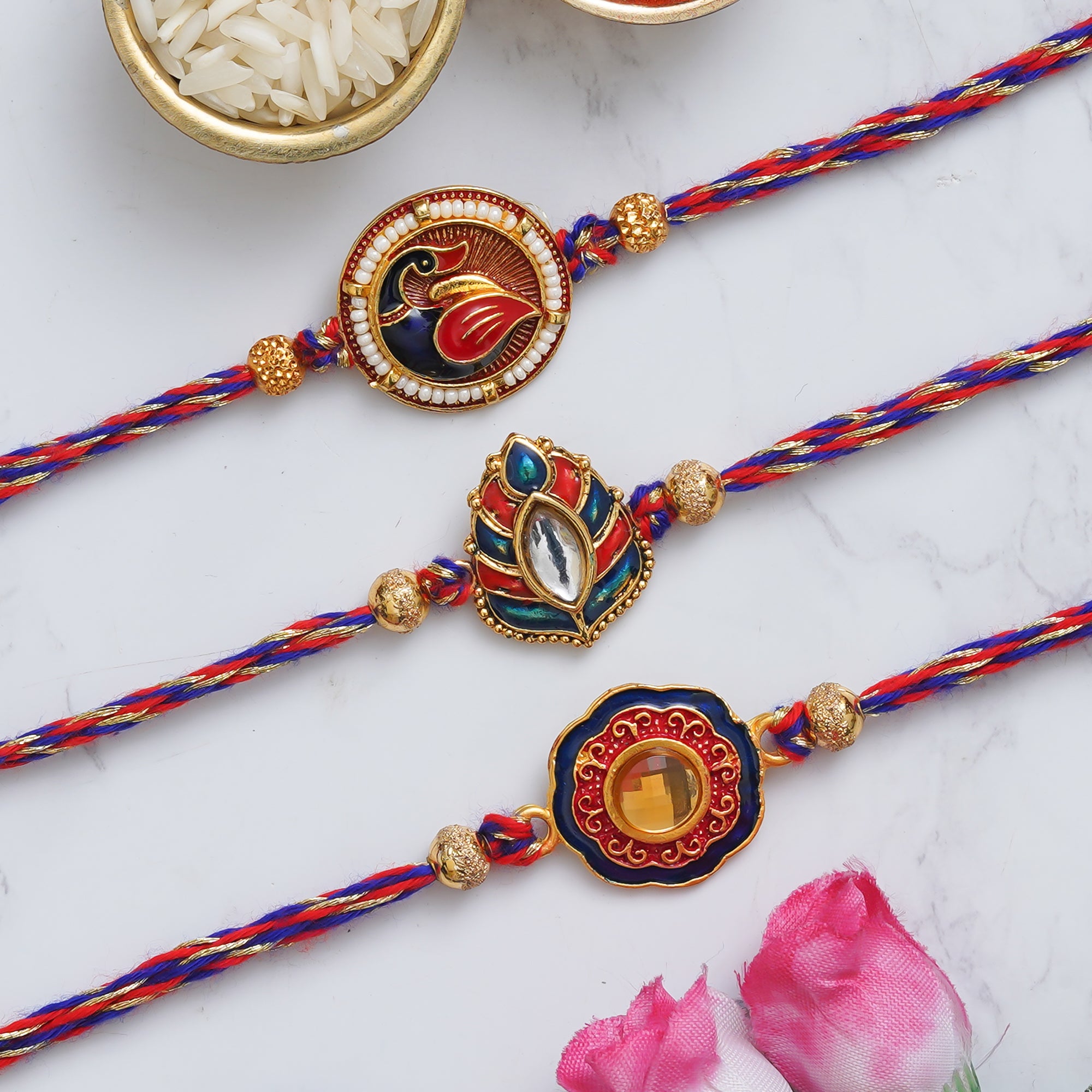 eCraftIndia Multicolor Set of 3 Semi Precious Stone Designer Rakhis with Roli Chawal Pack