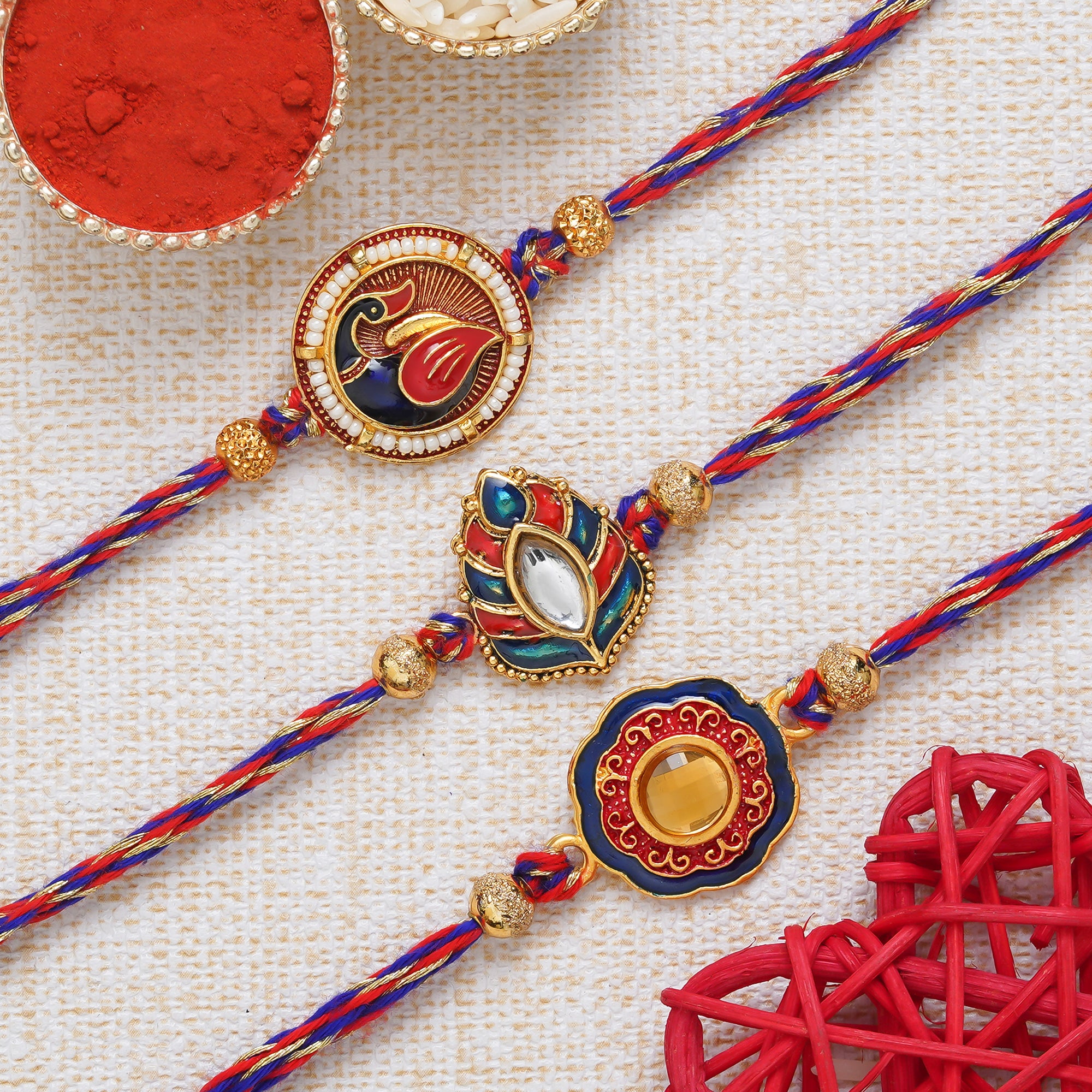 eCraftIndia Multicolor Set of 3 Semi Precious Stone Designer Rakhis with Roli Chawal Pack 1