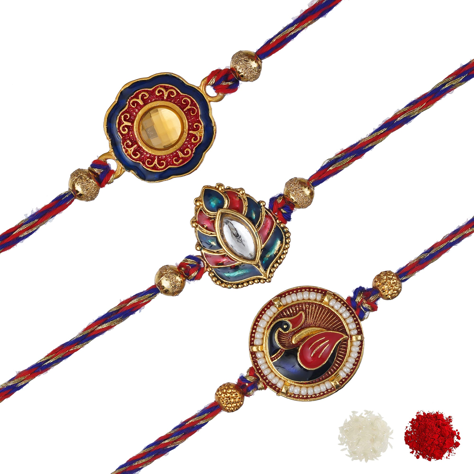 eCraftIndia Multicolor Set of 3 Semi Precious Stone Designer Rakhis with Roli Chawal Pack 2