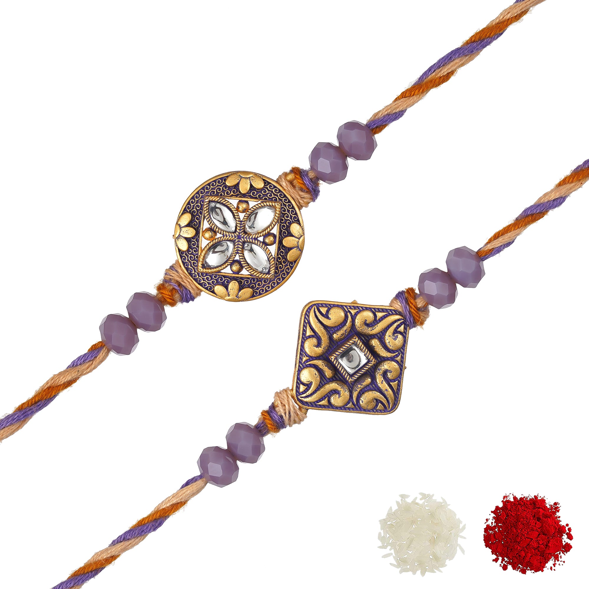 eCraftIndia Purple and Golden Set of 2 Precious Stone Designer Rakhis with Roli Chawal Pack 2