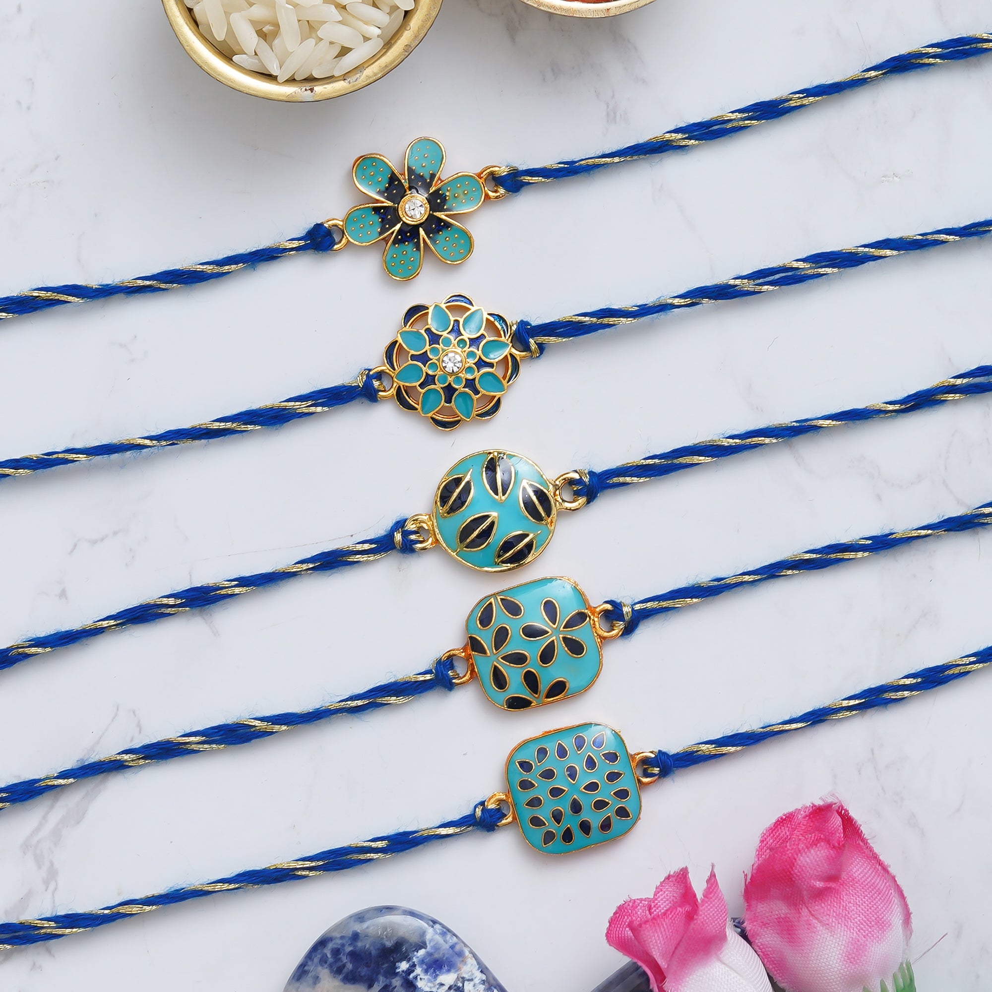 eCraftIndia Blue, Golden & Black Set of 5 Semi Precious Designer Rakhis with Roli Chawal Pack