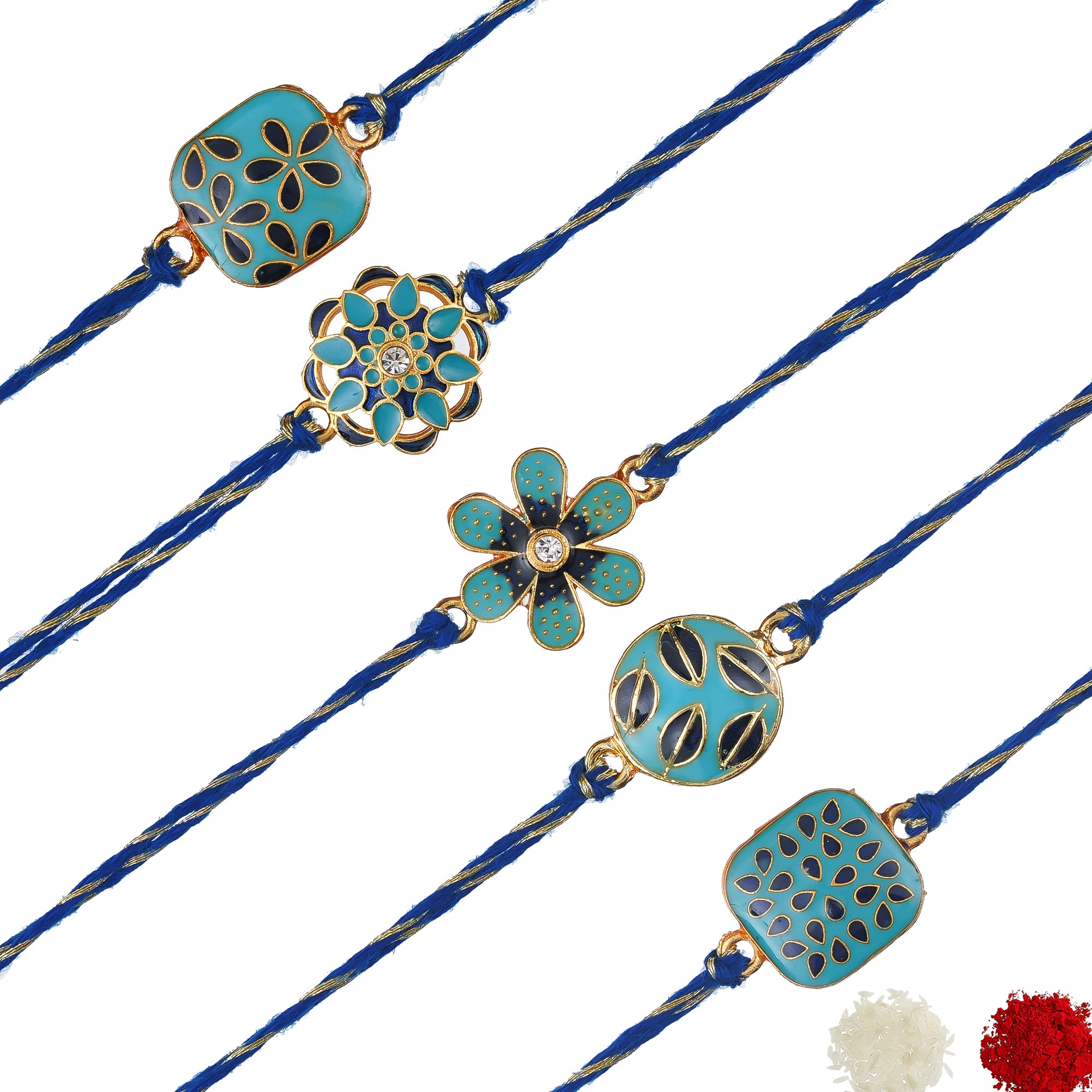 eCraftIndia Blue, Golden & Black Set of 5 Semi Precious Designer Rakhis with Roli Chawal Pack 2