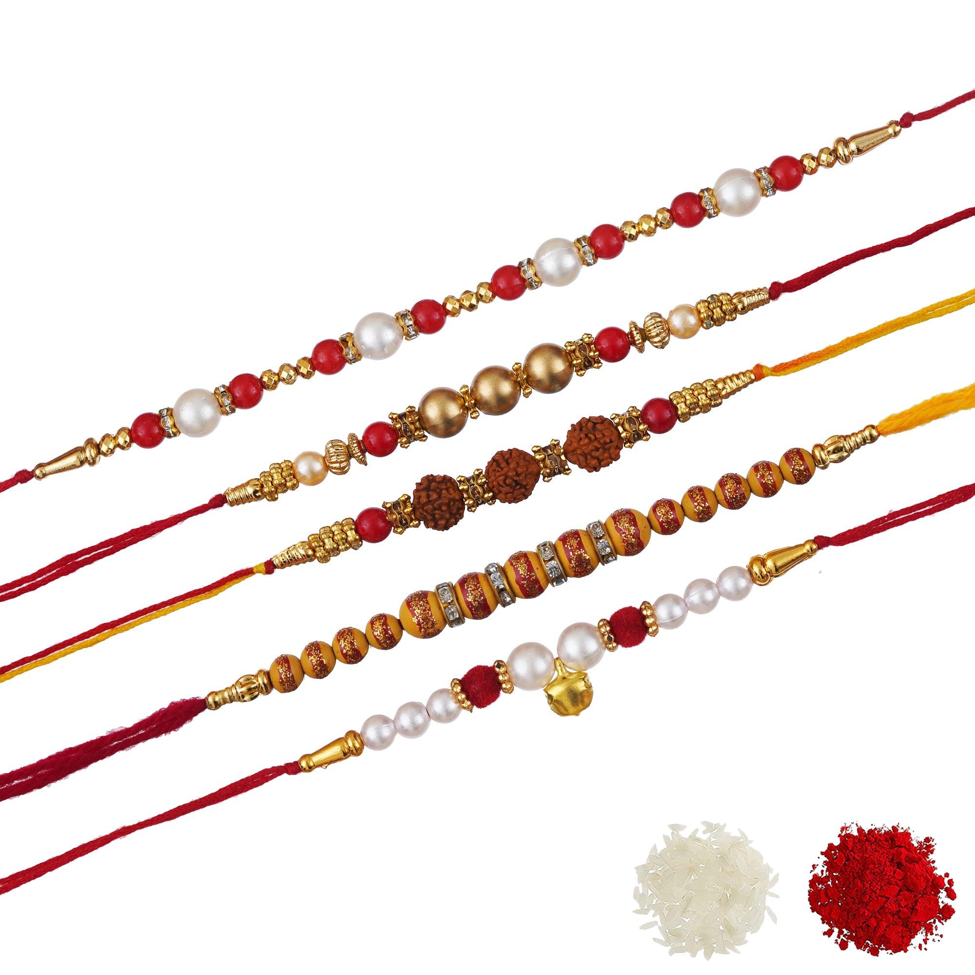 eCraftIndia Multicolor Set of 5 Rudraksha, Beads, Pearls, Diamonds Designer Rakhis with Roli Chawal Pack 2