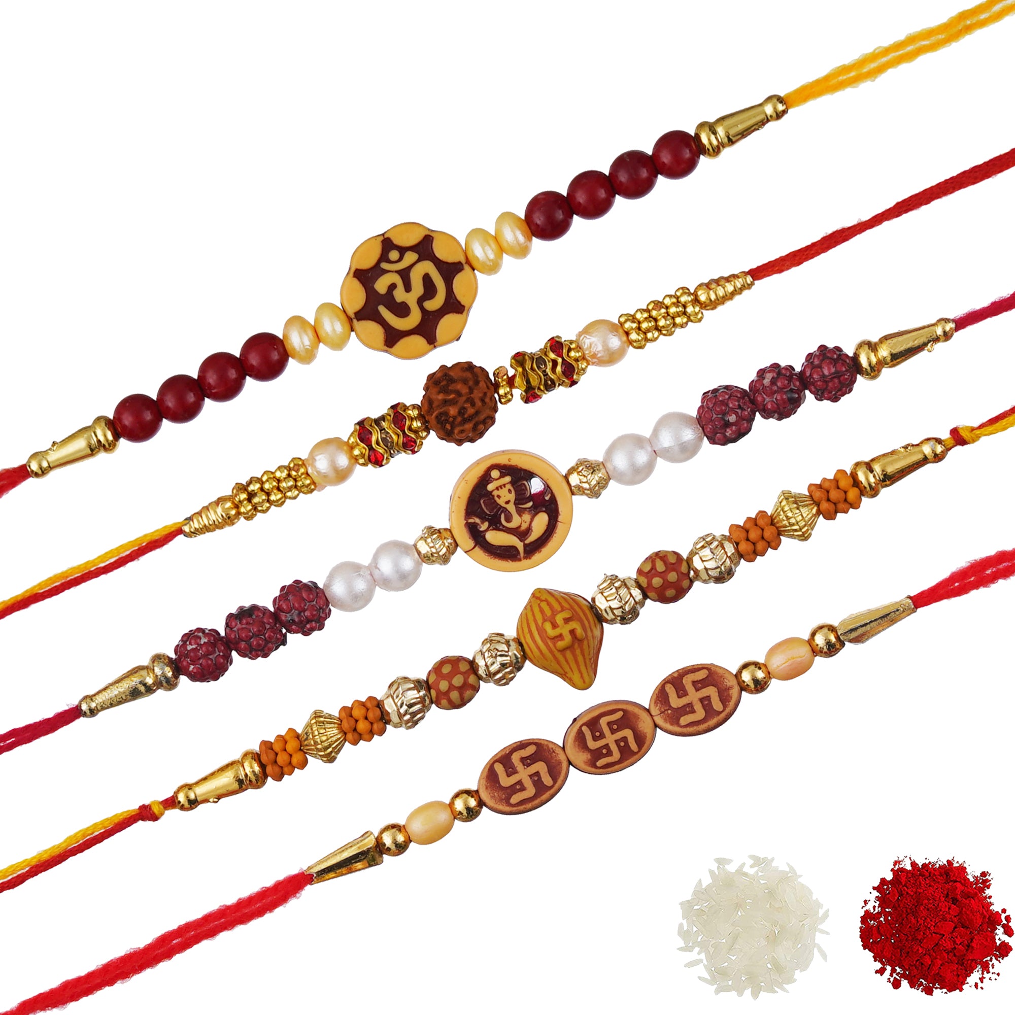 eCraftIndia Multicolor Set of 5 Om, Rudraksha, Swastik, Pearls, Ganesha Religious Designer Rakhis with Roli Chawal Pack 2