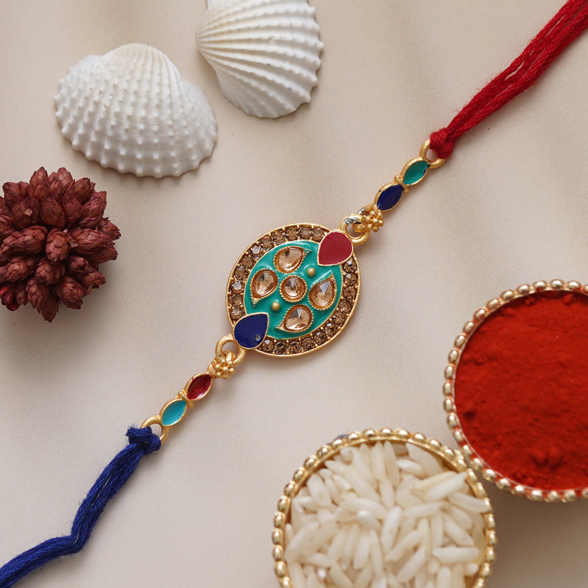 Beautiful Kundan Diamond Designer Rakhi for Brother with Roli Chawal Pack