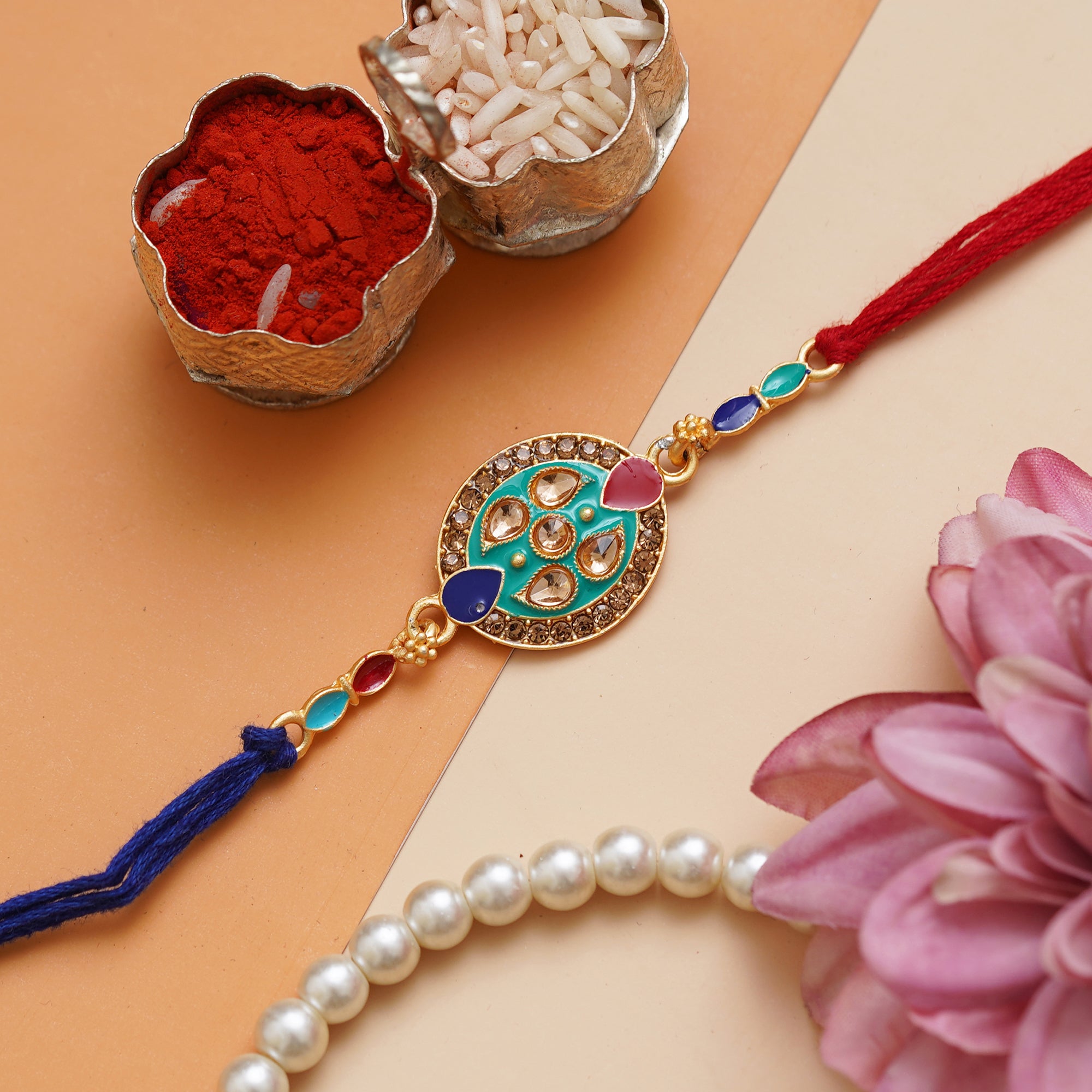 Beautiful Kundan Diamond Designer Rakhi for Brother with Roli Chawal Pack 1