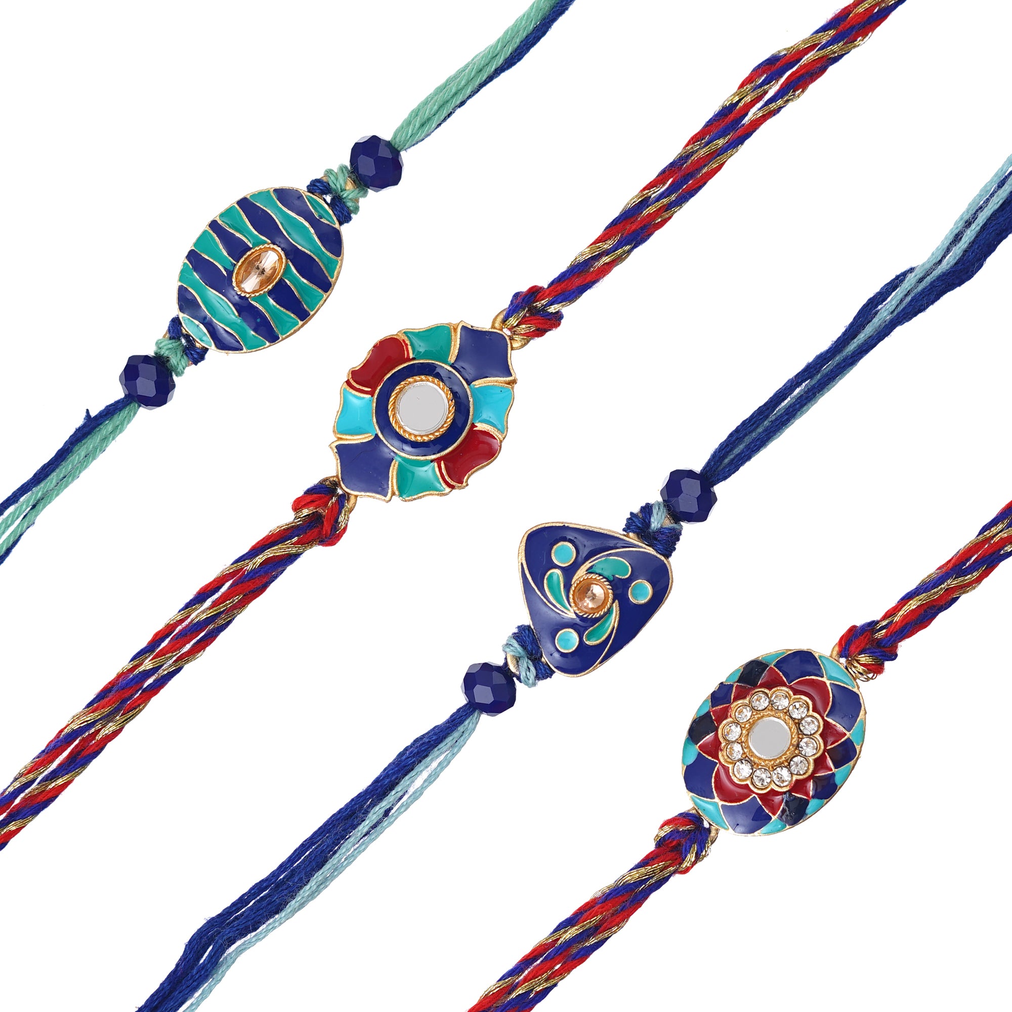 Set of 4 Blue, Red Floral Designer Rakhis with Roli Chawal Pack 2