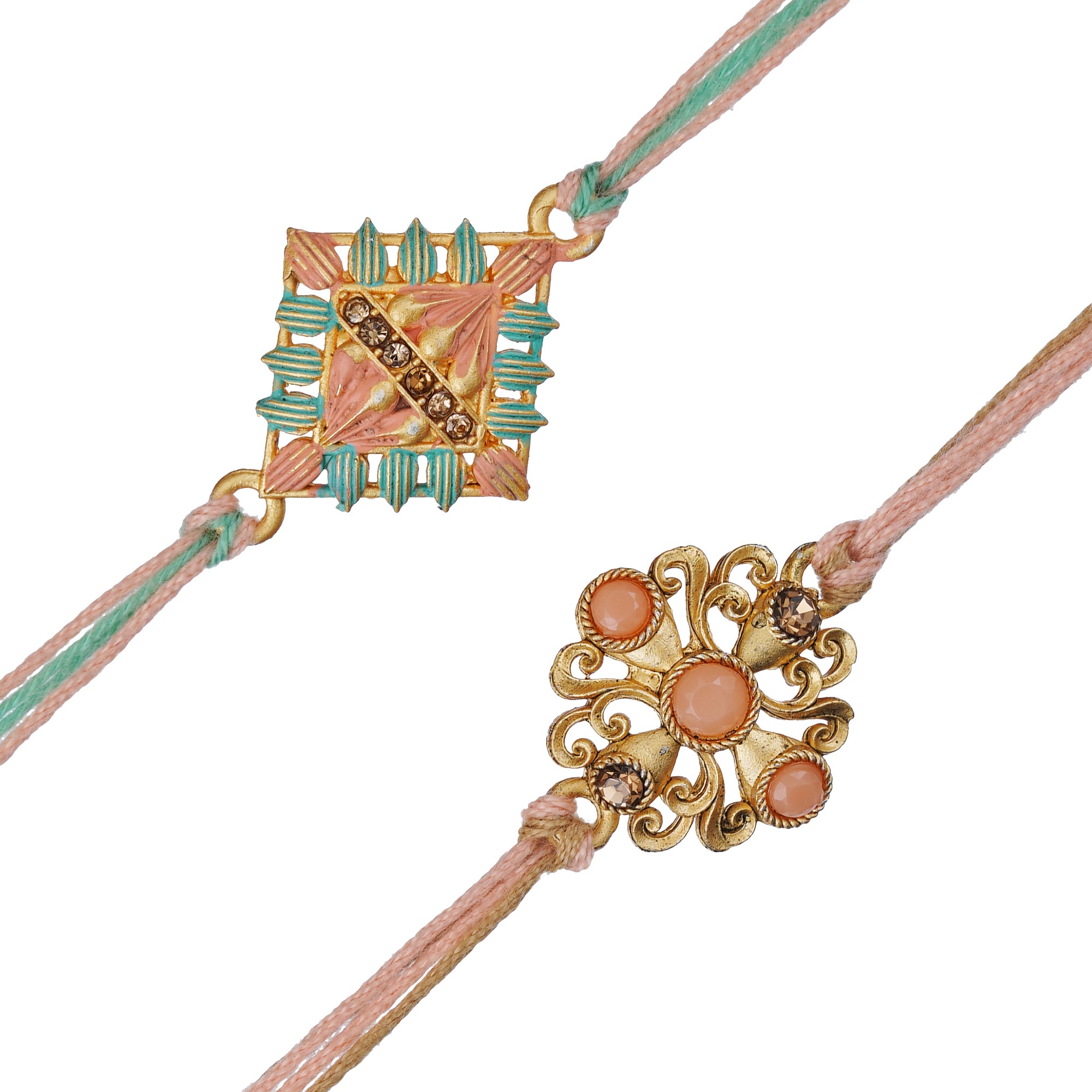 eCraftIndia Set of 2 Peach, Green & Golden Pearls, Diamonds Designer Rakhis with Roli Chawal Pack 2