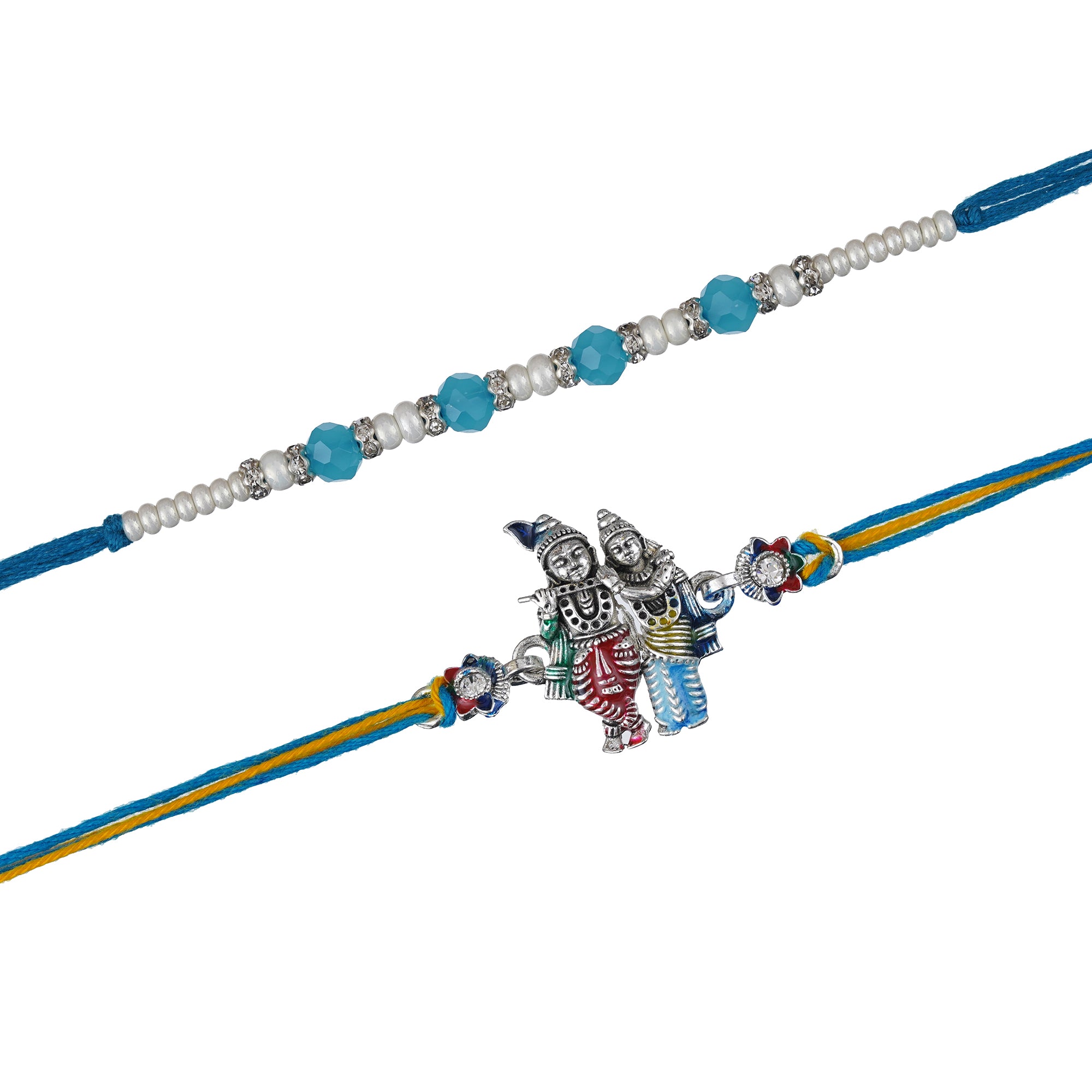 Set of 2 Radha Krishna & Pearls Designer Rakhis with Roli Chawal Pack 2