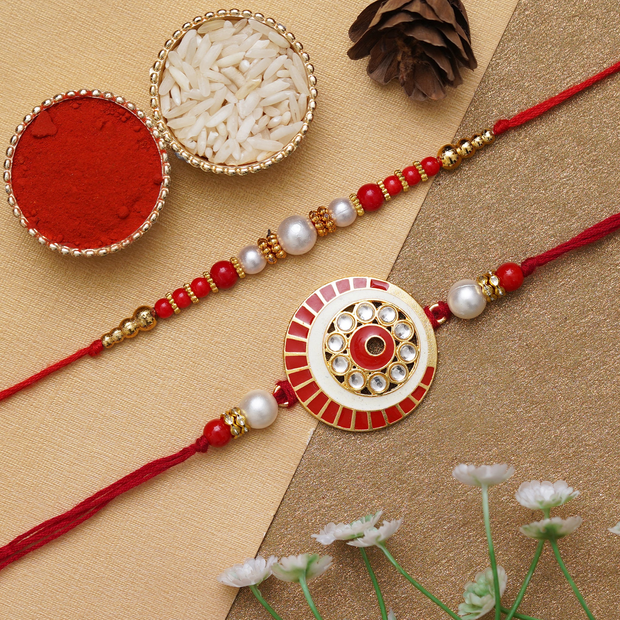 eCraftIndia Set of 2 Diamonds and Pearls Designer Rakhis with Roli Chawal Pack 1