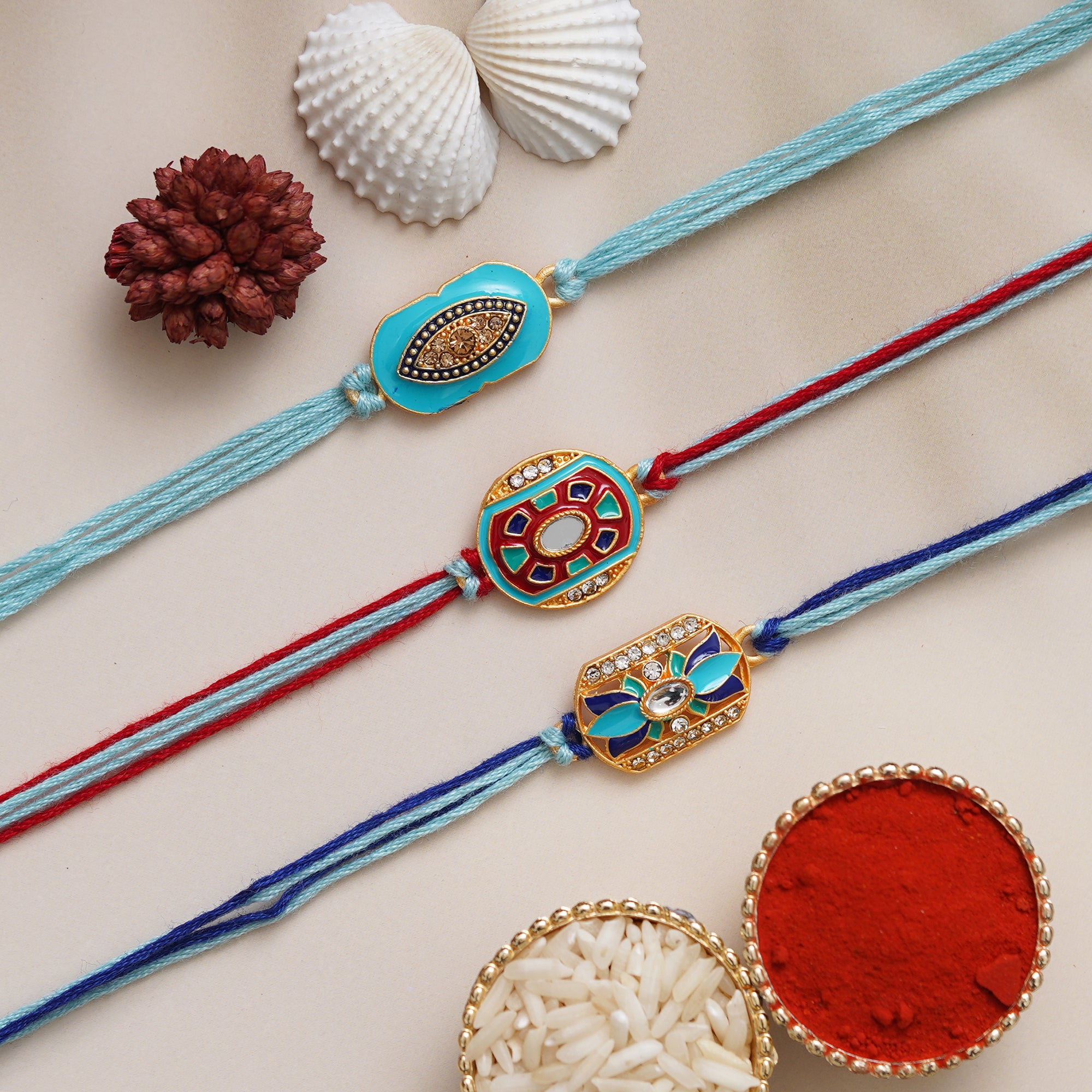 eCraftIndia Set of 3 Beautiful Floral Designer Rakhis with Roli Chawal Pack