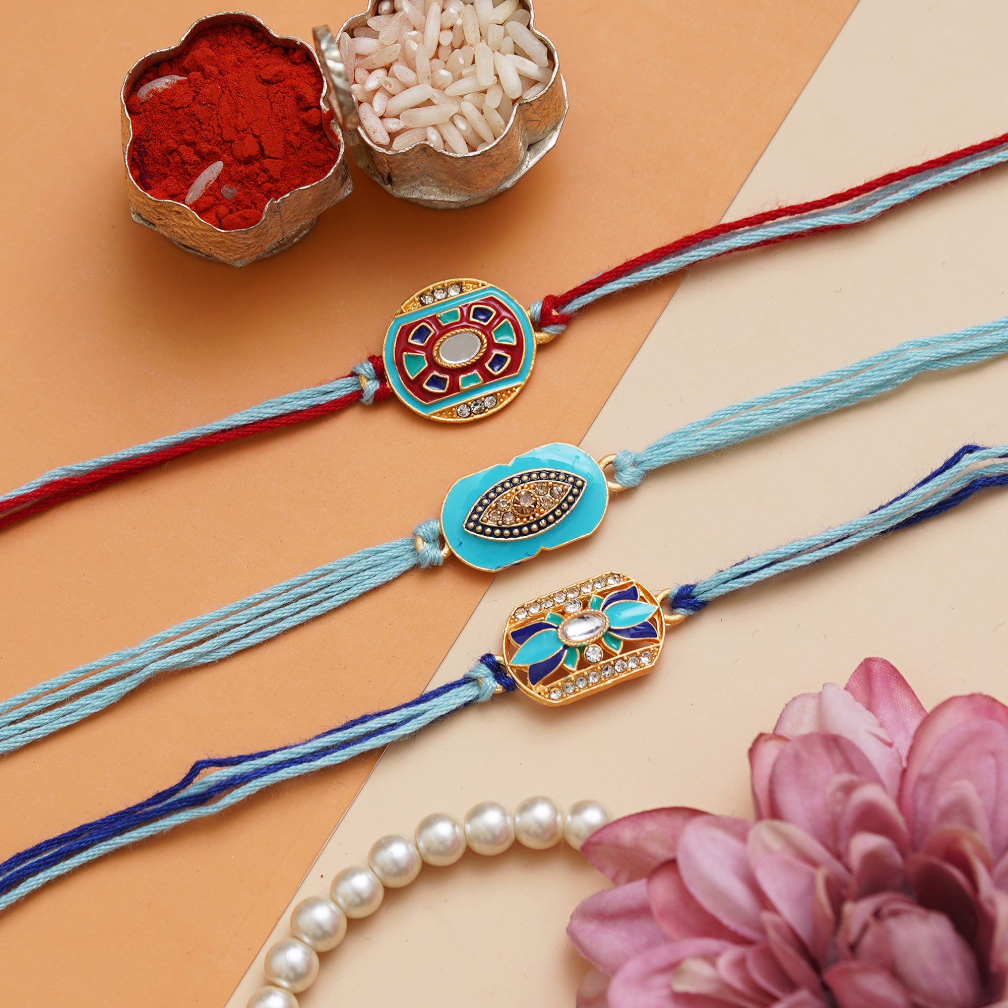 eCraftIndia Set of 3 Beautiful Floral Designer Rakhis with Roli Chawal Pack 1