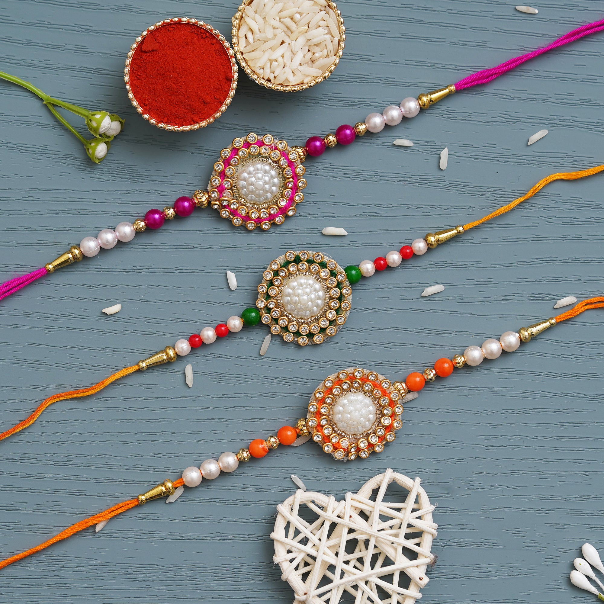 Set of 3 Beads, Pearls, Designer Rakhis with Roli Chawal Pack