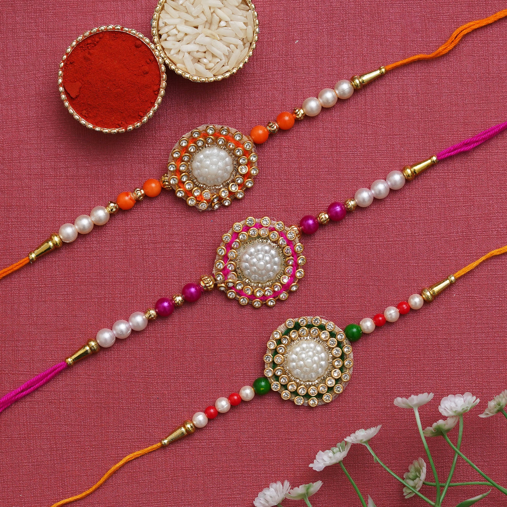 Set of 3 Beads, Pearls, Designer Rakhis with Roli Chawal Pack 1