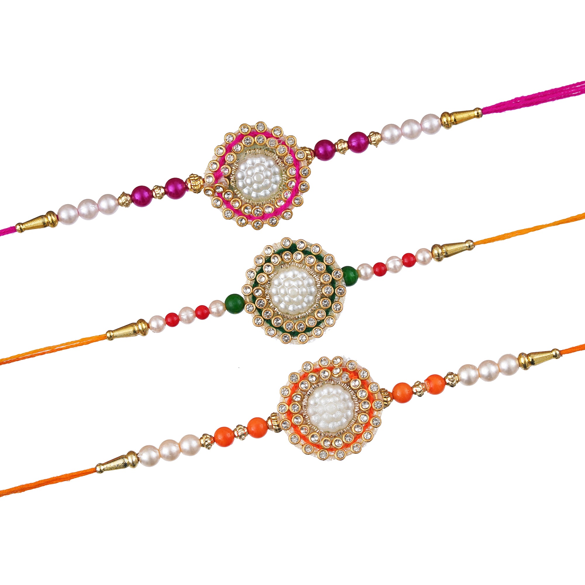 Set of 3 Beads, Pearls, Designer Rakhis with Roli Chawal Pack 2