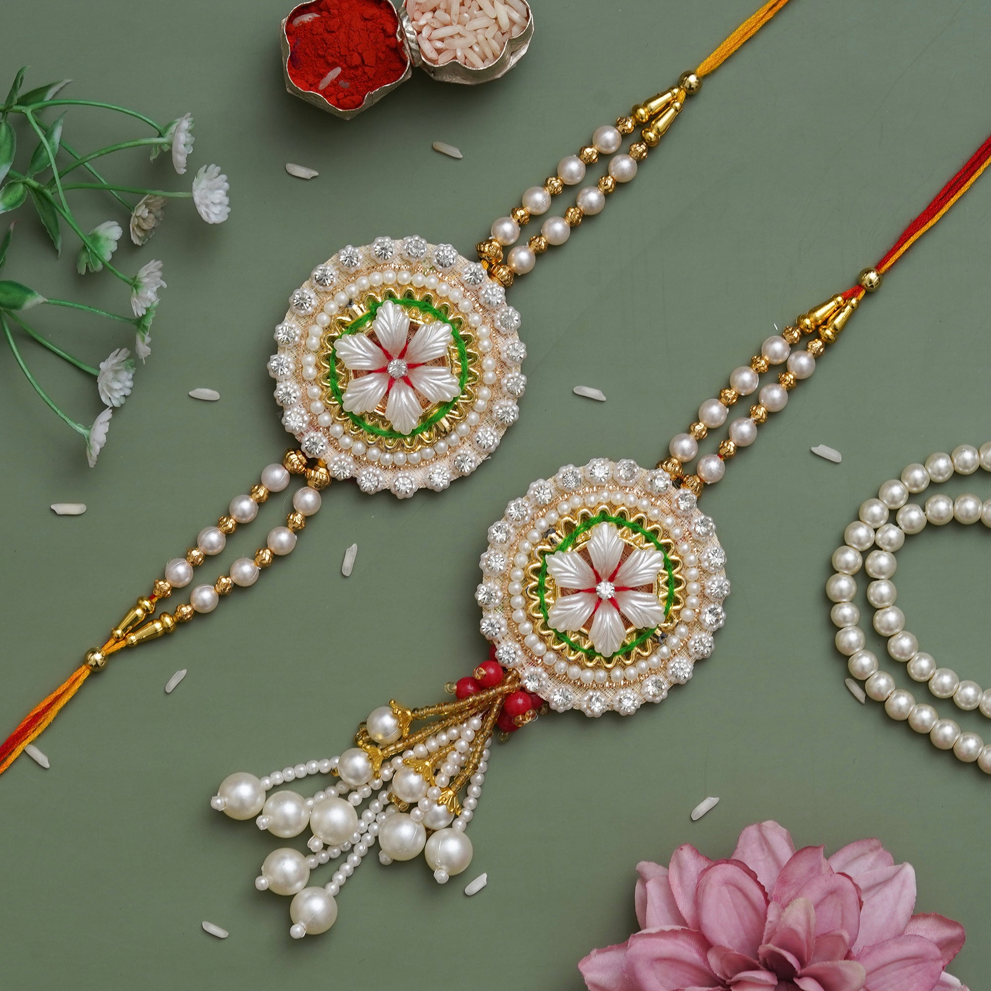 eCraftIndia Diamonds, Pearls Floral Designer Bhaiya Bhabhi Rakhi Set with Roli Chawal Pack