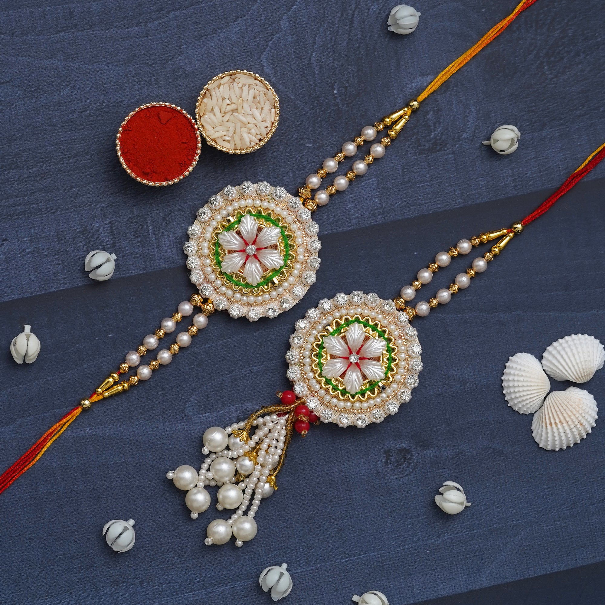 eCraftIndia Diamonds, Pearls Floral Designer Bhaiya Bhabhi Rakhi Set with Roli Chawal Pack 1