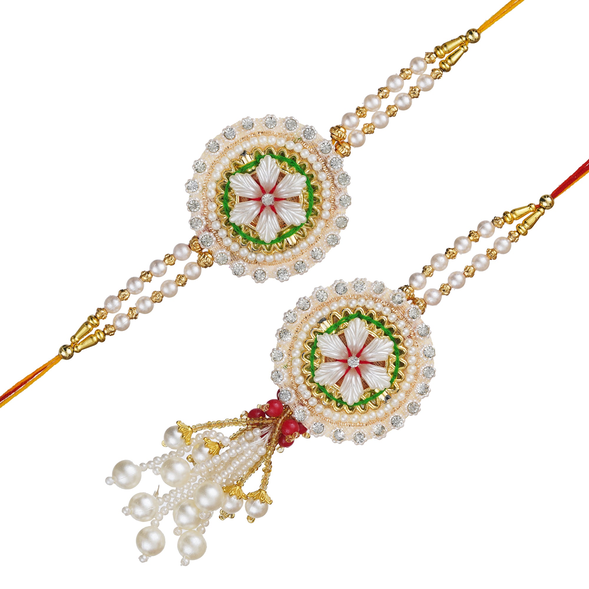 eCraftIndia Diamonds, Pearls Floral Designer Bhaiya Bhabhi Rakhi Set with Roli Chawal Pack 2