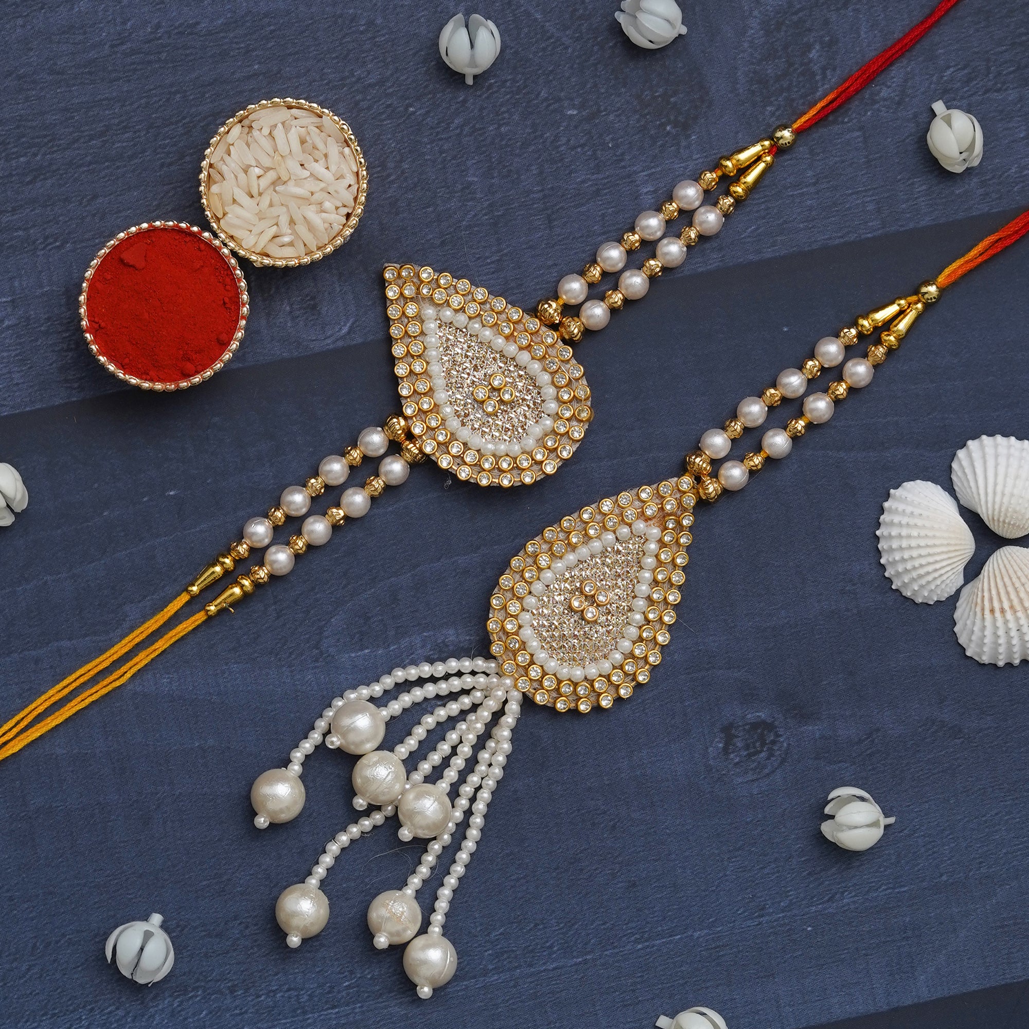 eCraftIndia Diamonds, Pearls Designer Bhaiya Bhabhi Rakhi Set with Roli Chawal Pack 1