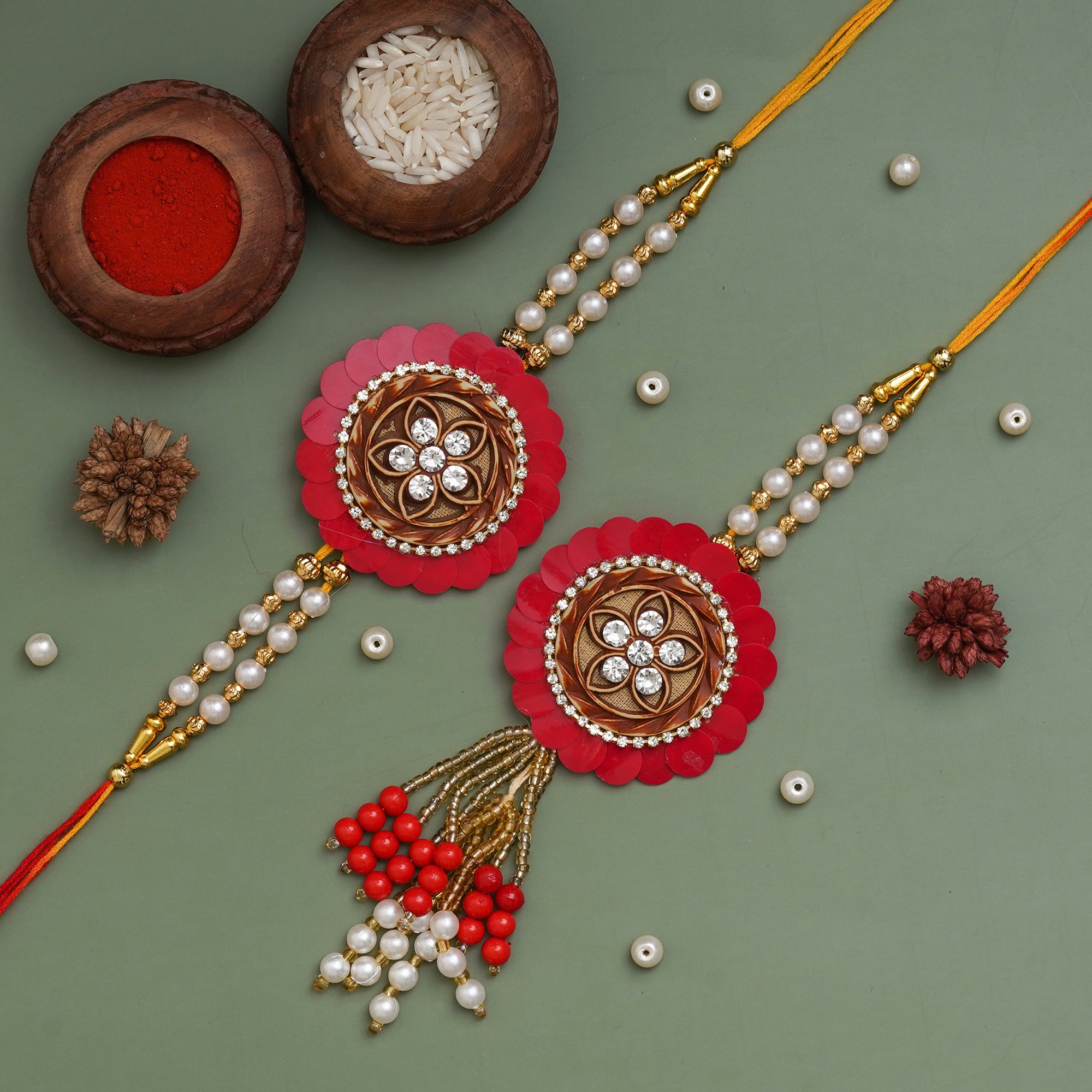 eCraftIndia Red & White Pearls, Diamonds Designer Bhaiya Bhabhi Rakhi Set with Roli Chawal Pack