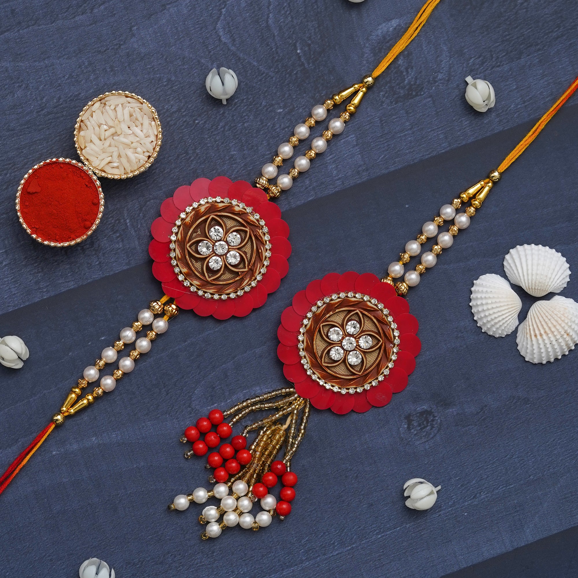 eCraftIndia Red & White Pearls, Diamonds Designer Bhaiya Bhabhi Rakhi Set with Roli Chawal Pack 1