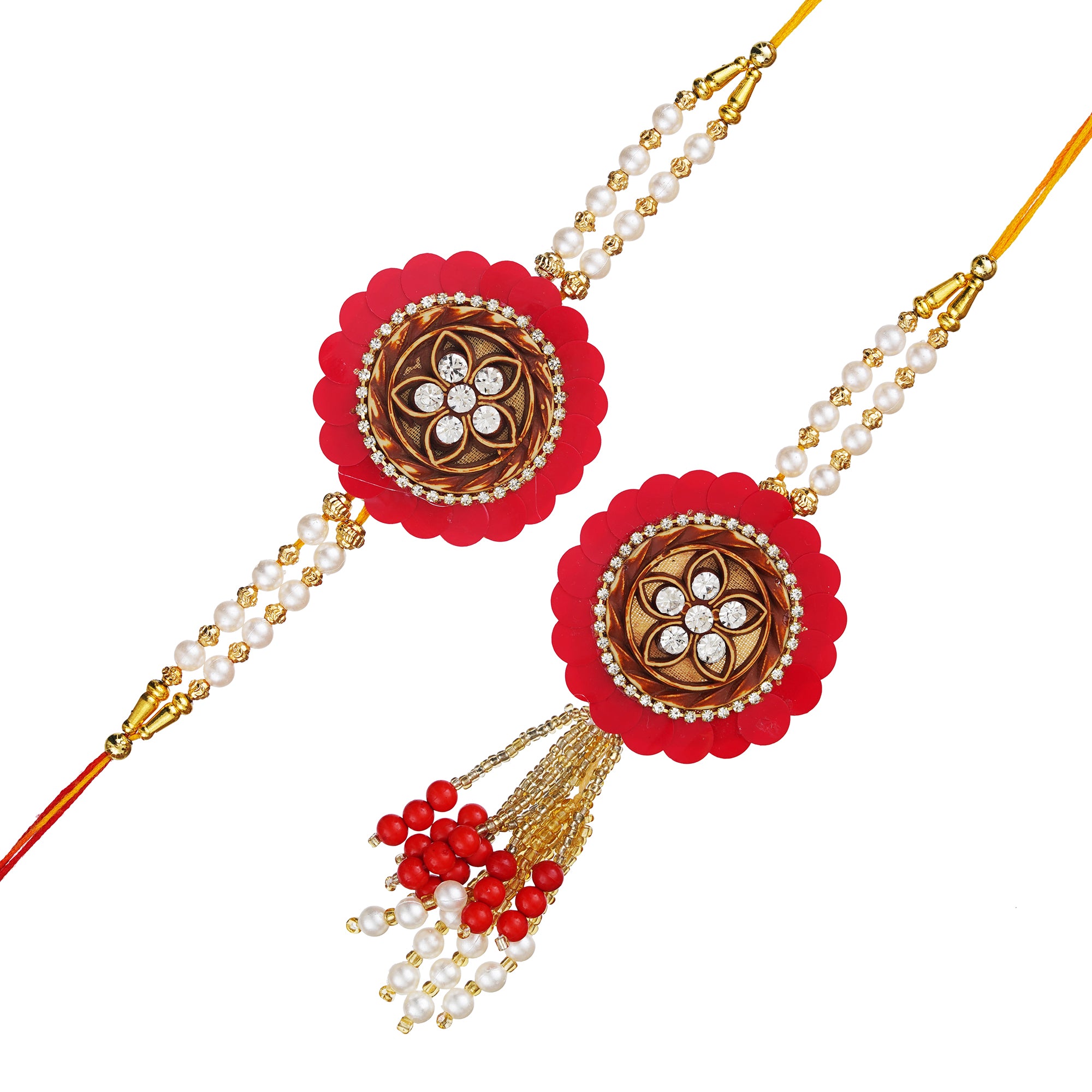 eCraftIndia Red & White Pearls, Diamonds Designer Bhaiya Bhabhi Rakhi Set with Roli Chawal Pack 2