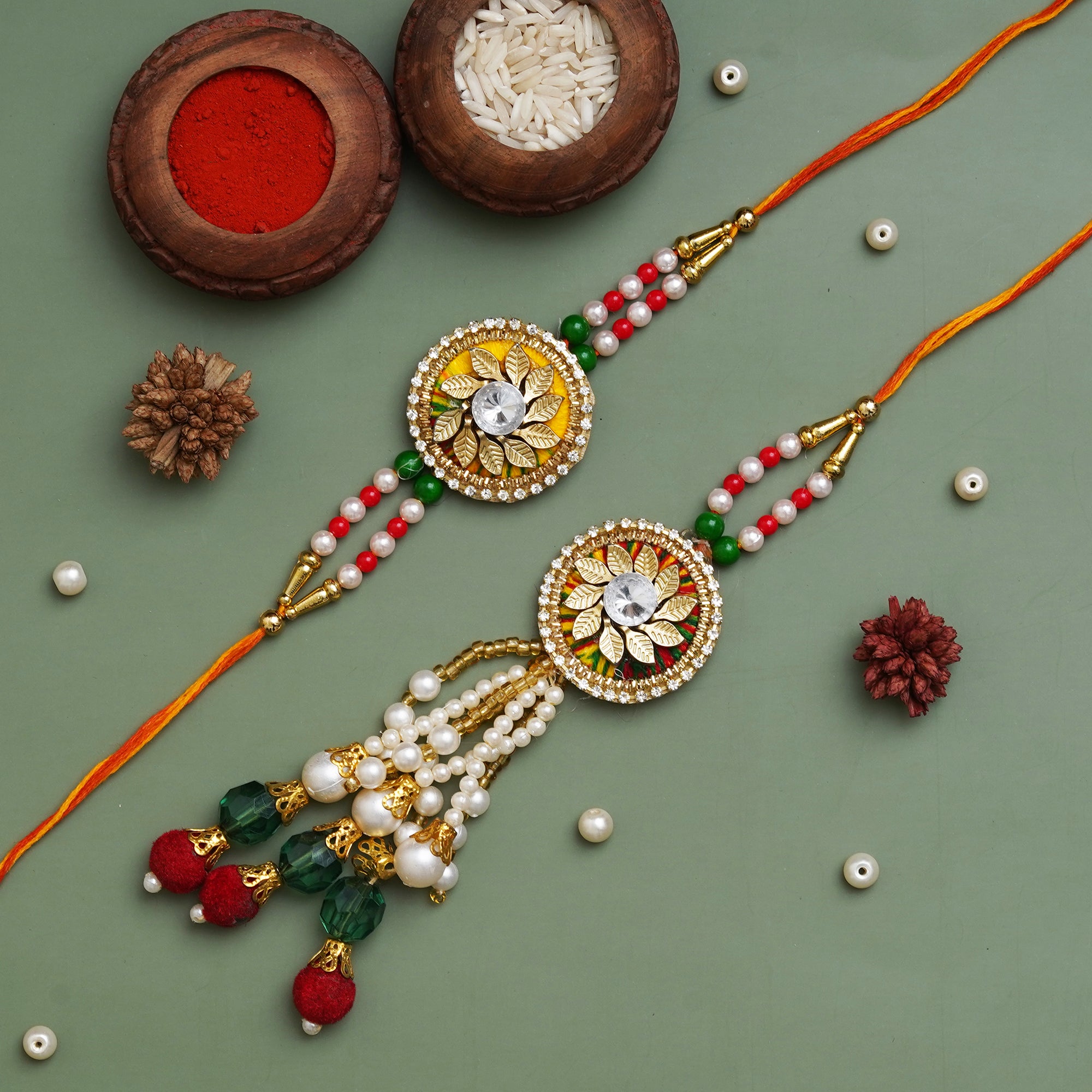 Beautiful Floral Designer Bhaiya Bhabhi Rakhi Set with Roli Chawal Pack