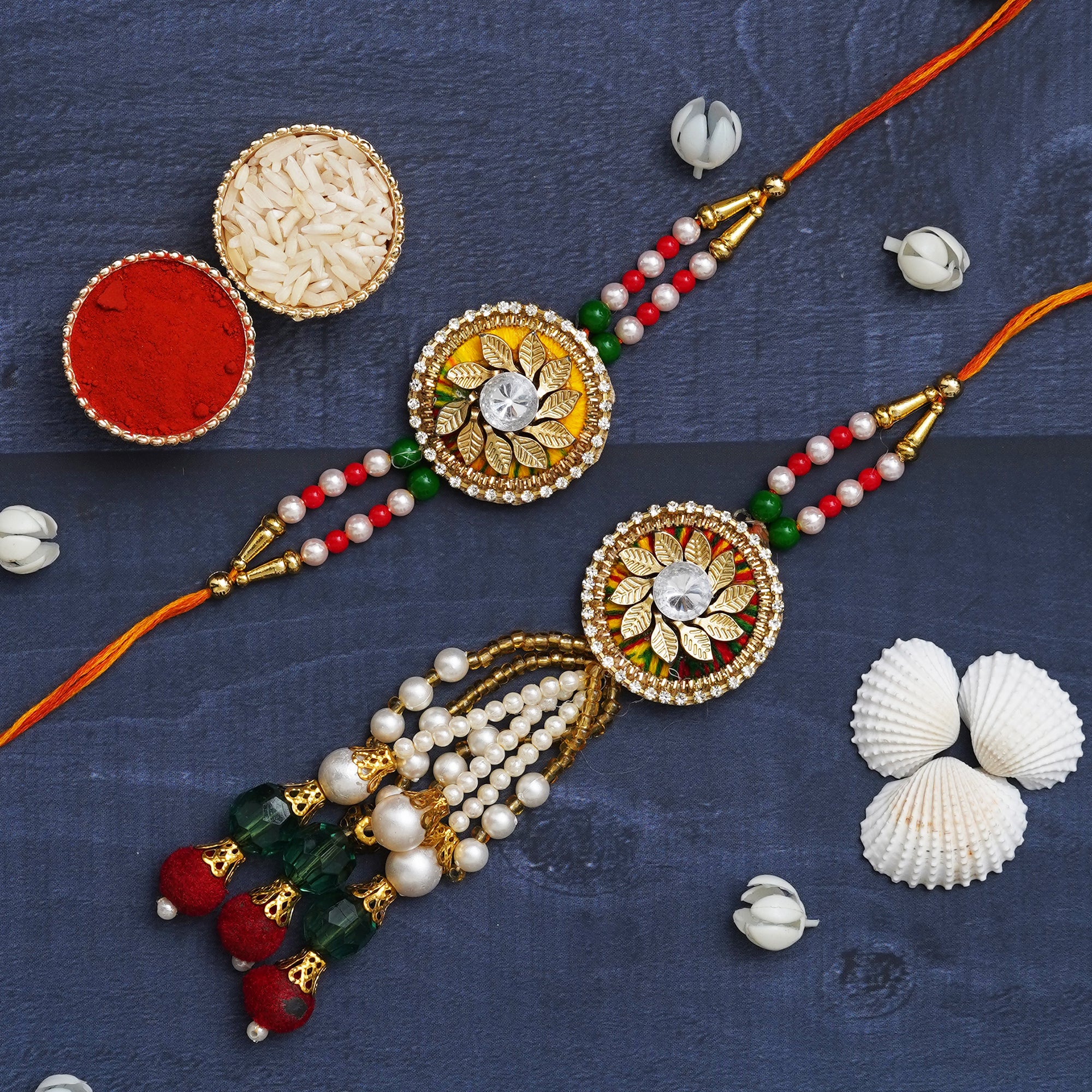 Beautiful Floral Designer Bhaiya Bhabhi Rakhi Set with Roli Chawal Pack 1