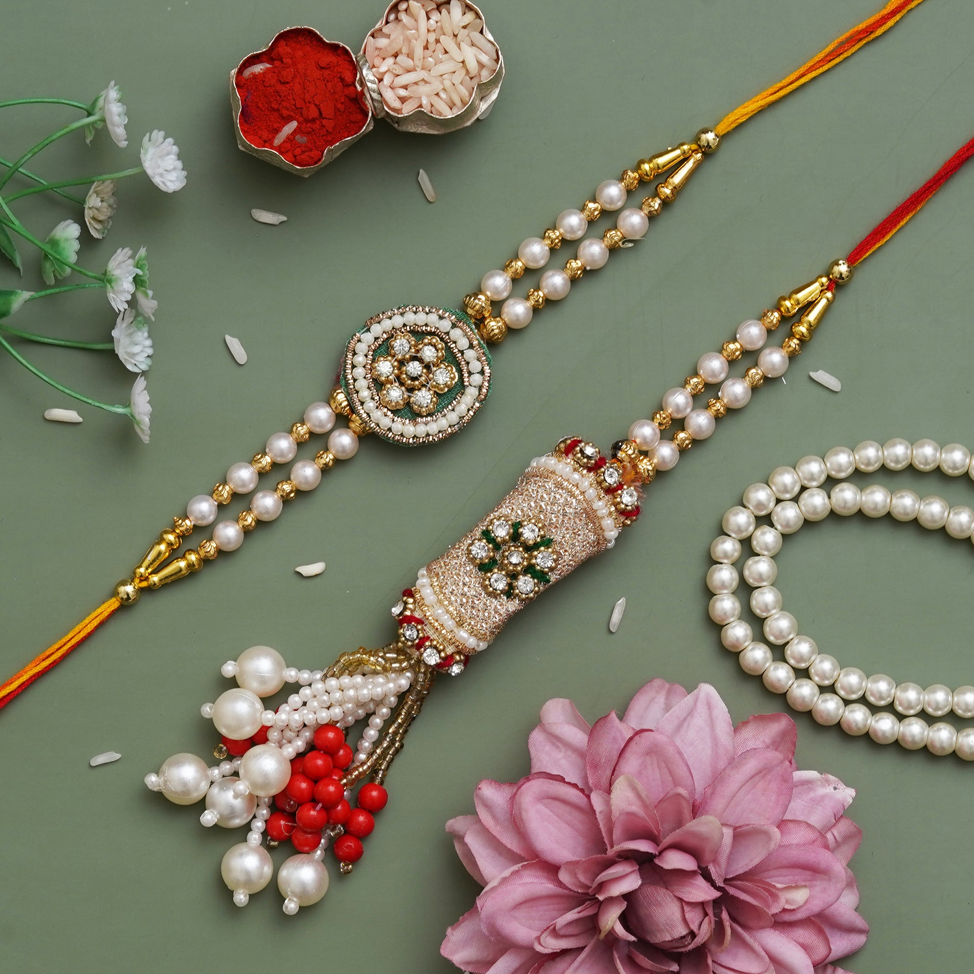 Pearls, Designer Bhaiya Bhabhi Rakhi Set with Roli Chawal Pack