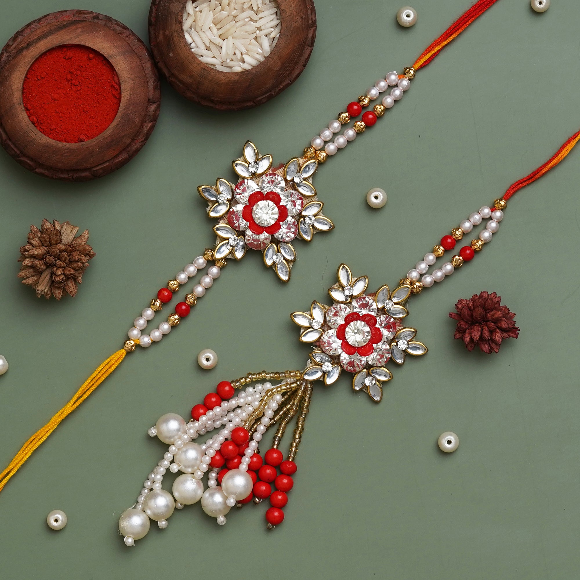 eCraftIndia White and Red Pearls, Diamonds Beautiful Designer Bhaiya Bhabhi Rakhi Set with Roli Chawal Pack