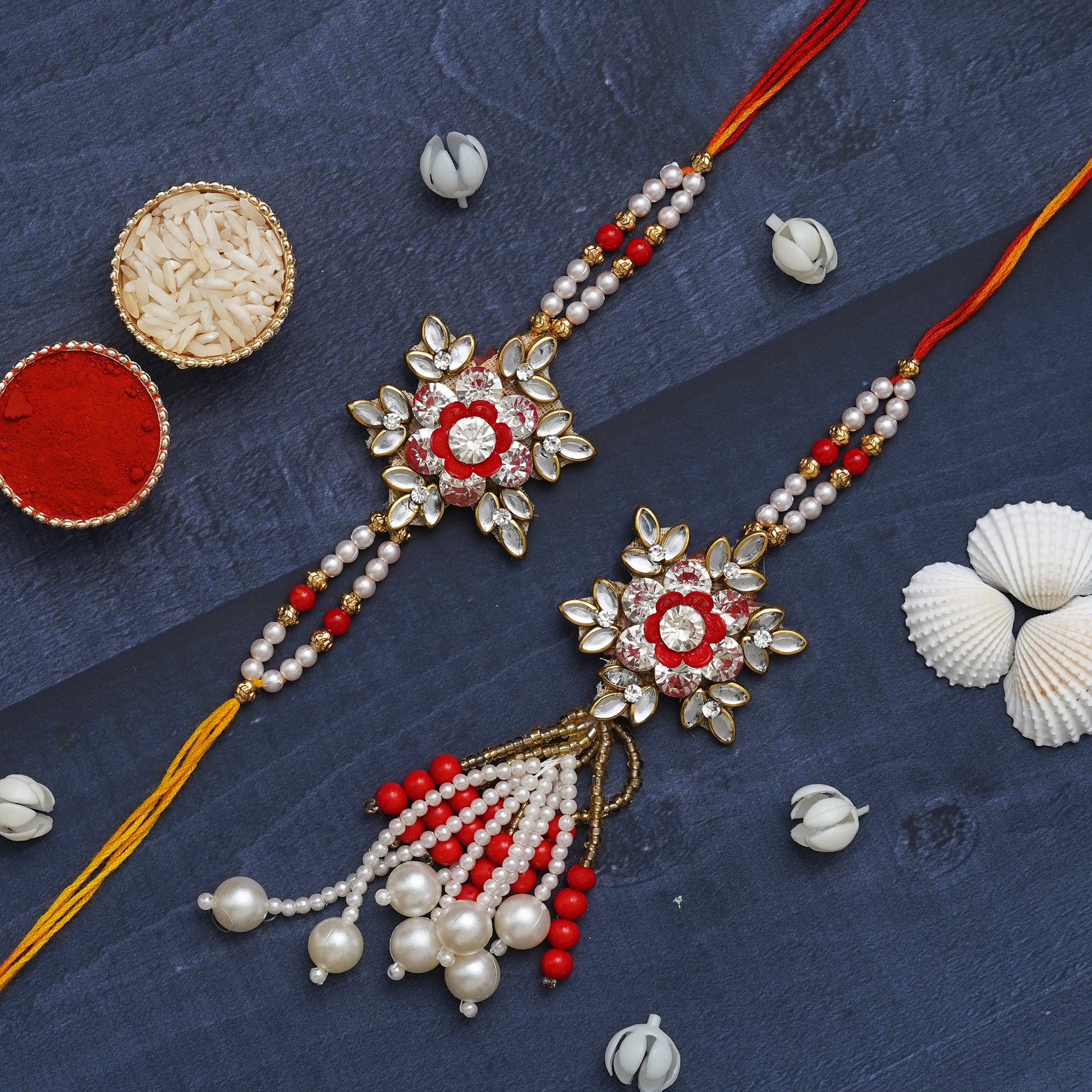 eCraftIndia White and Red Pearls, Diamonds Beautiful Designer Bhaiya Bhabhi Rakhi Set with Roli Chawal Pack 1