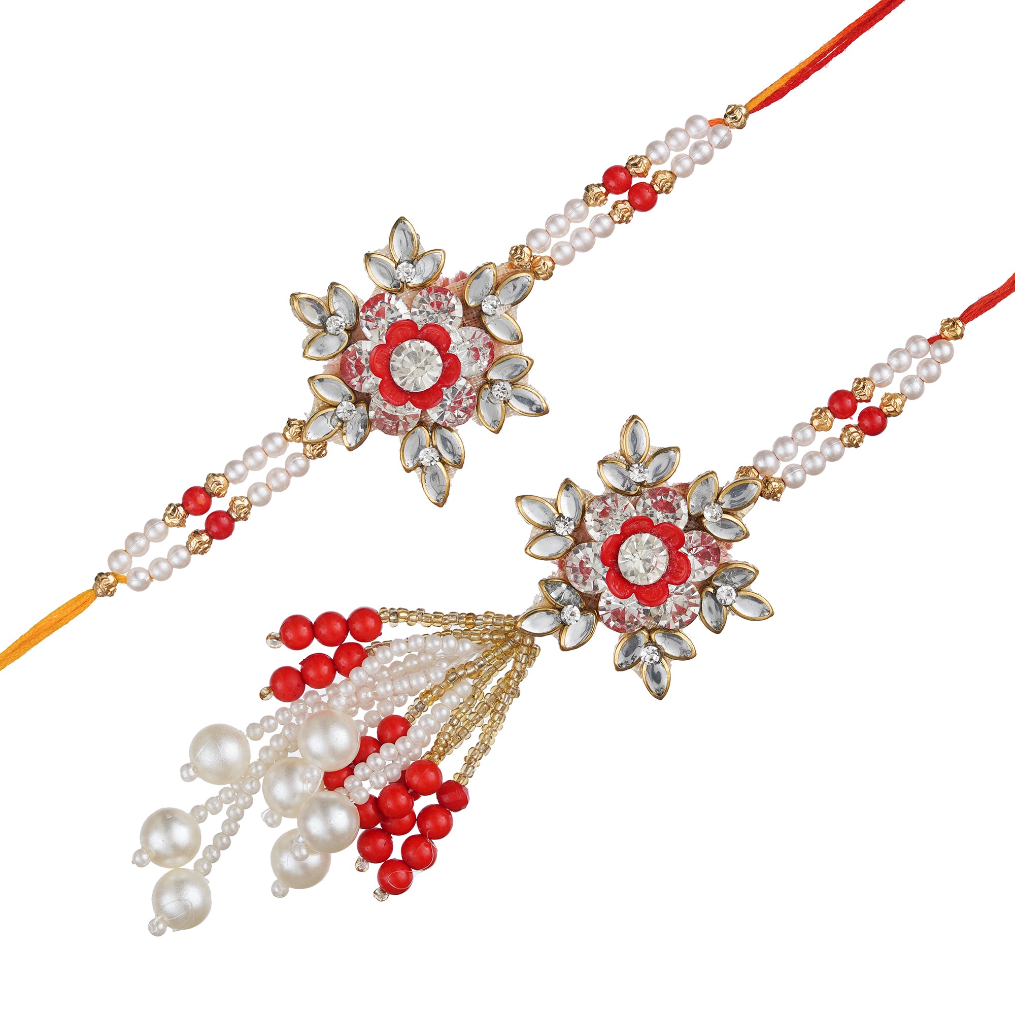 eCraftIndia White and Red Pearls, Diamonds Beautiful Designer Bhaiya Bhabhi Rakhi Set with Roli Chawal Pack 2