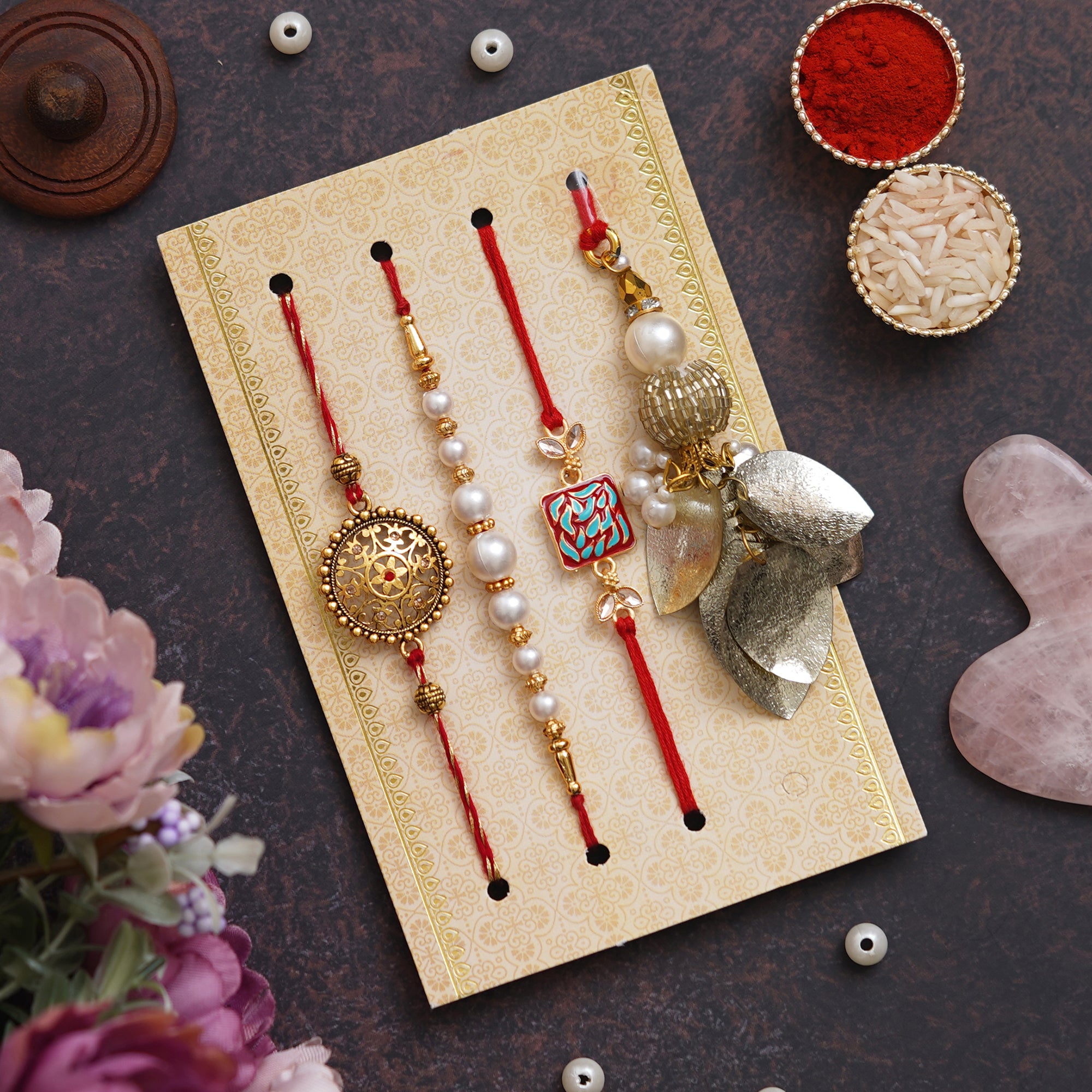 Set of 4 Floral, Pearls, Diamonds, Lumba Designer Rakhis and Roli Chawal Pack