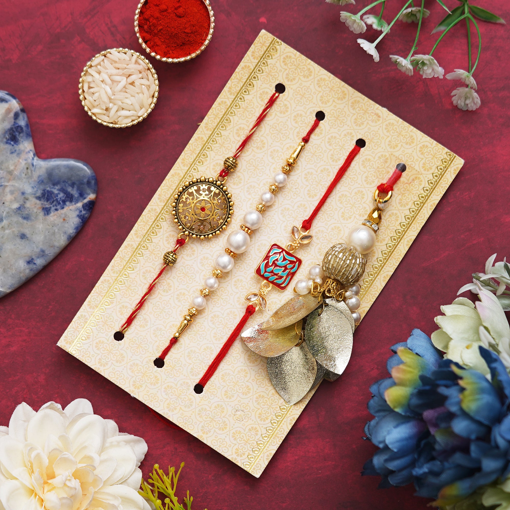 Set of 4 Floral, Pearls, Diamonds, Lumba Designer Rakhis and Roli Chawal Pack 1