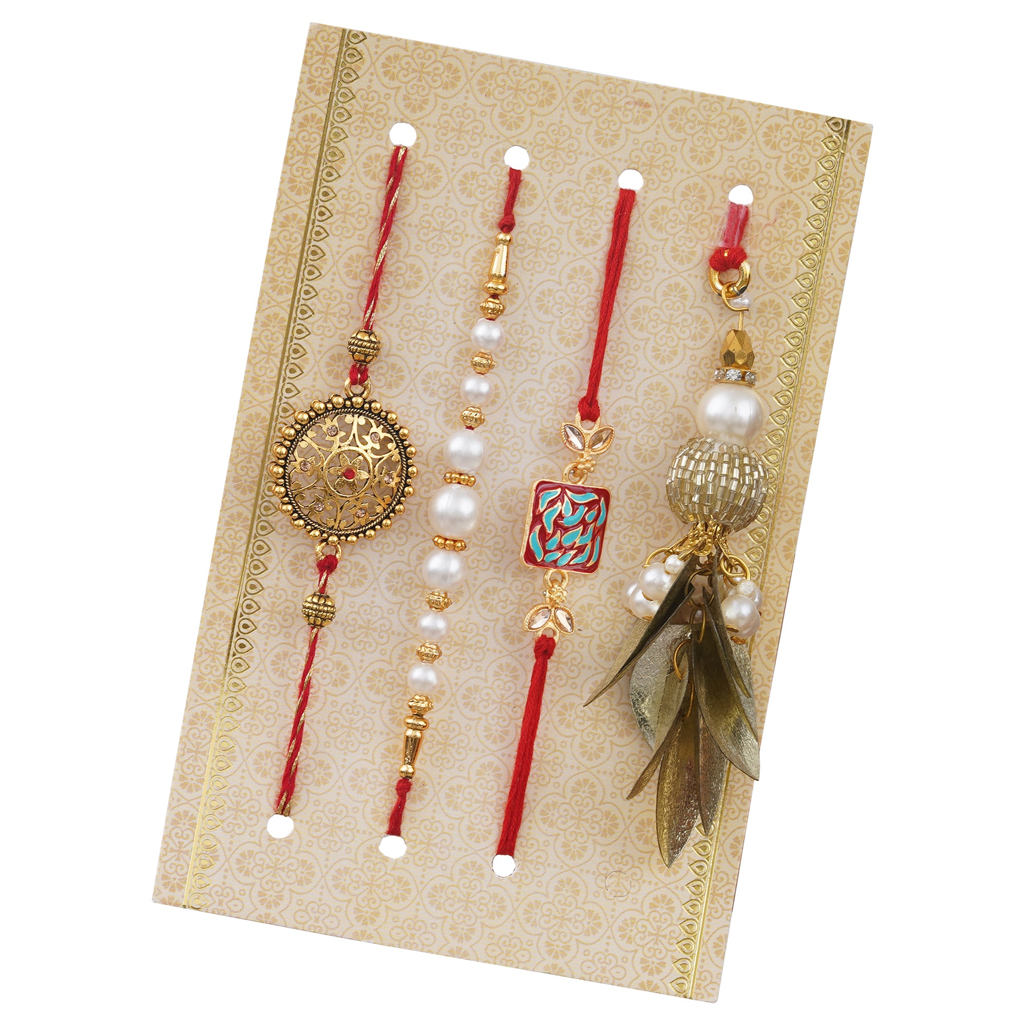 Set of 4 Floral, Pearls, Diamonds, Lumba Designer Rakhis and Roli Chawal Pack 2