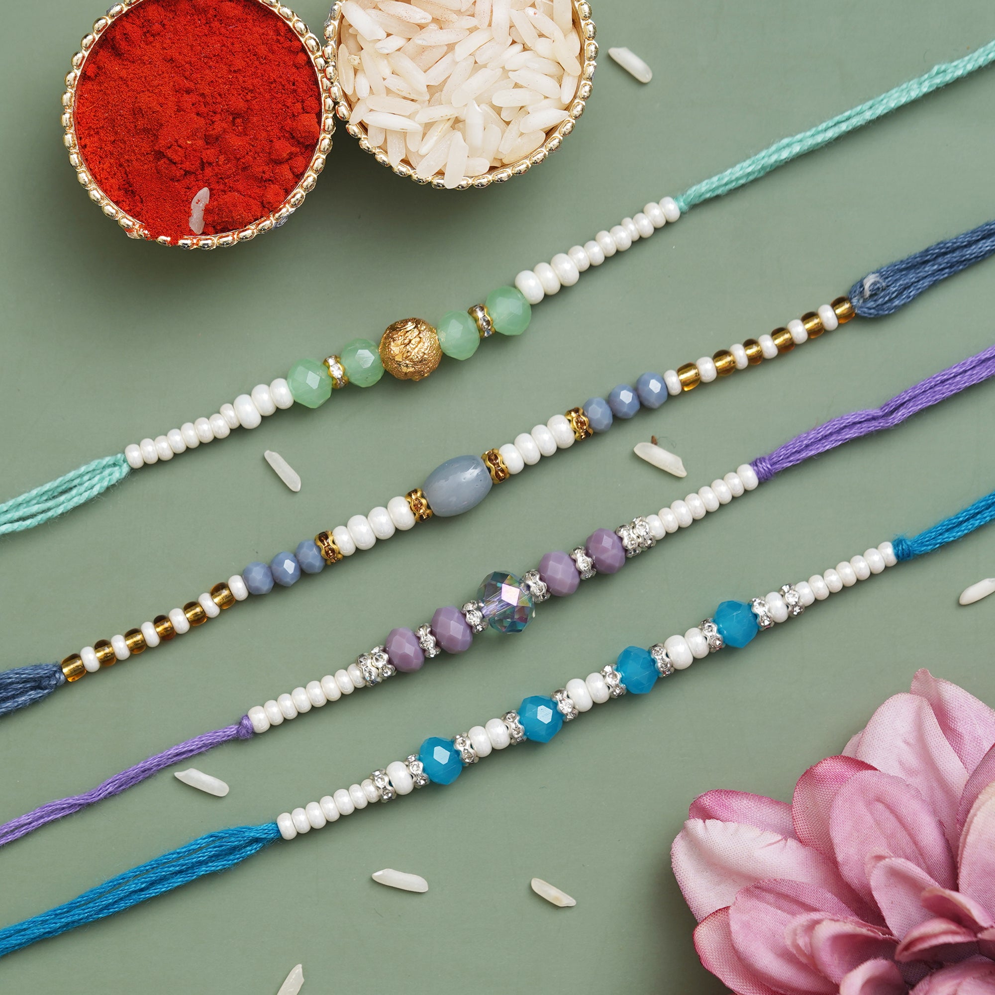 Set of 4 Pearls, Beads, Designer Rakhis, and Roli Chawal Pack 1