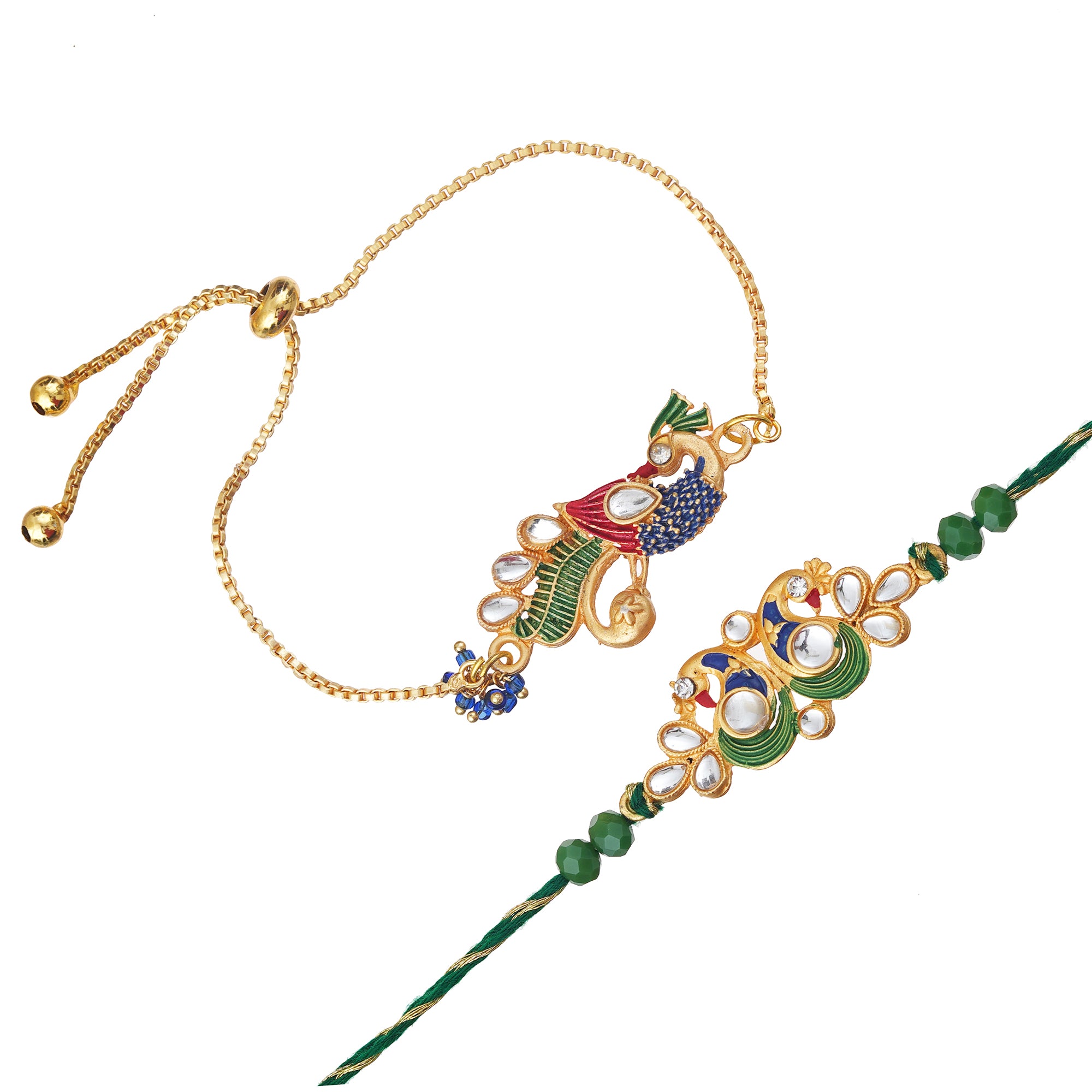 Set of  2 Peacock Designer Rakhi and Bracelet Rakhi, and Roli Chawal Pack 2