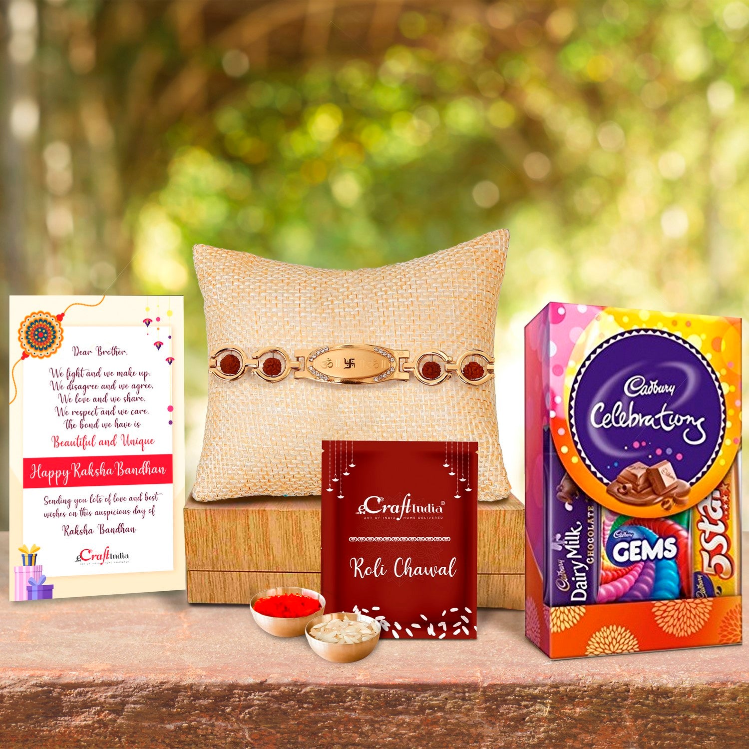 Designer Bracelet Religious Rakhi with Cadbury Celebrations Gift Pack of 5 Assorted Chocolates and Roli Chawal Pack, Best Wishes Greeting Card