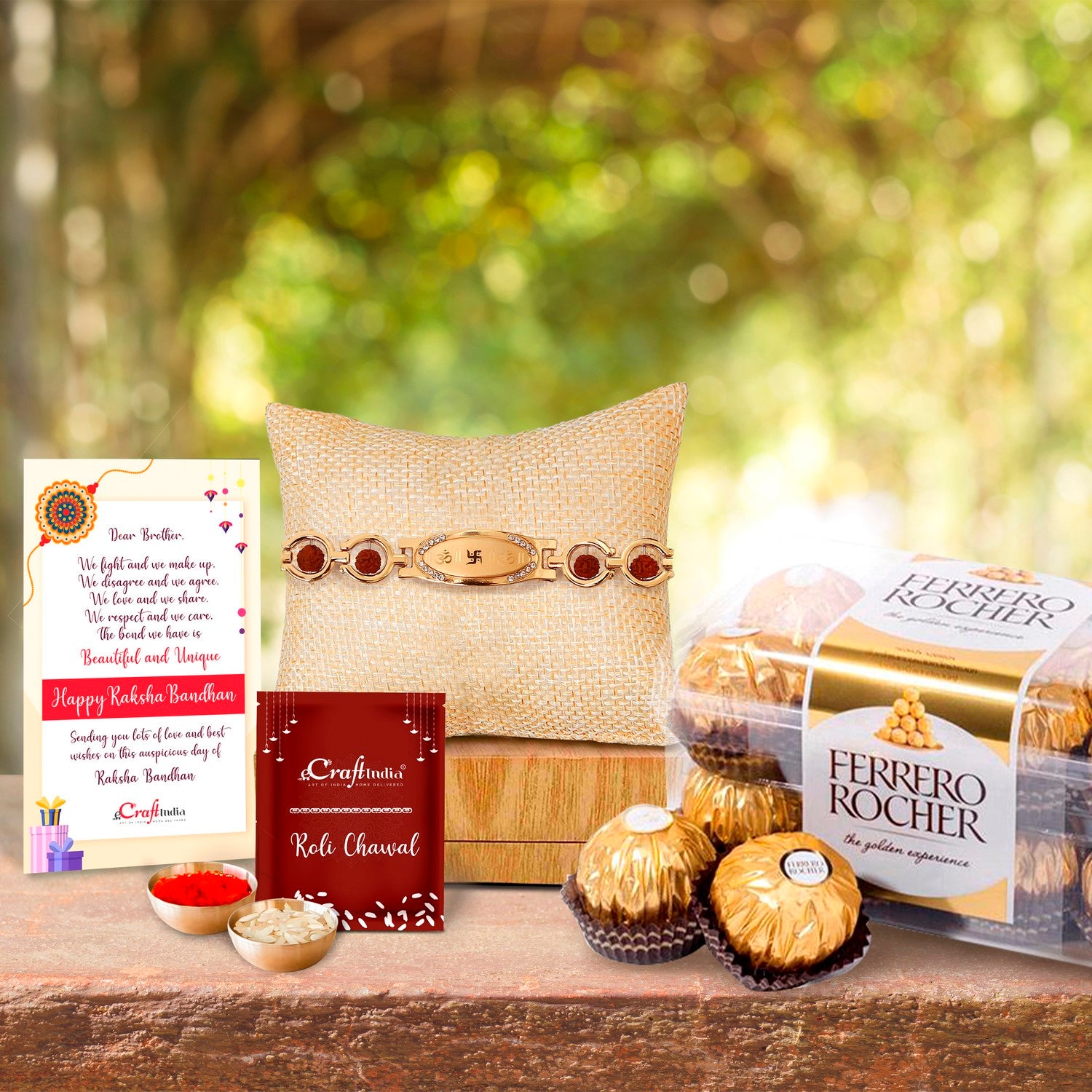 Designer Bracelet Religious Rakhi with Ferrero Rocher (16 pcs) and Roli Chawal Pack, Best Wishes Greeting Card