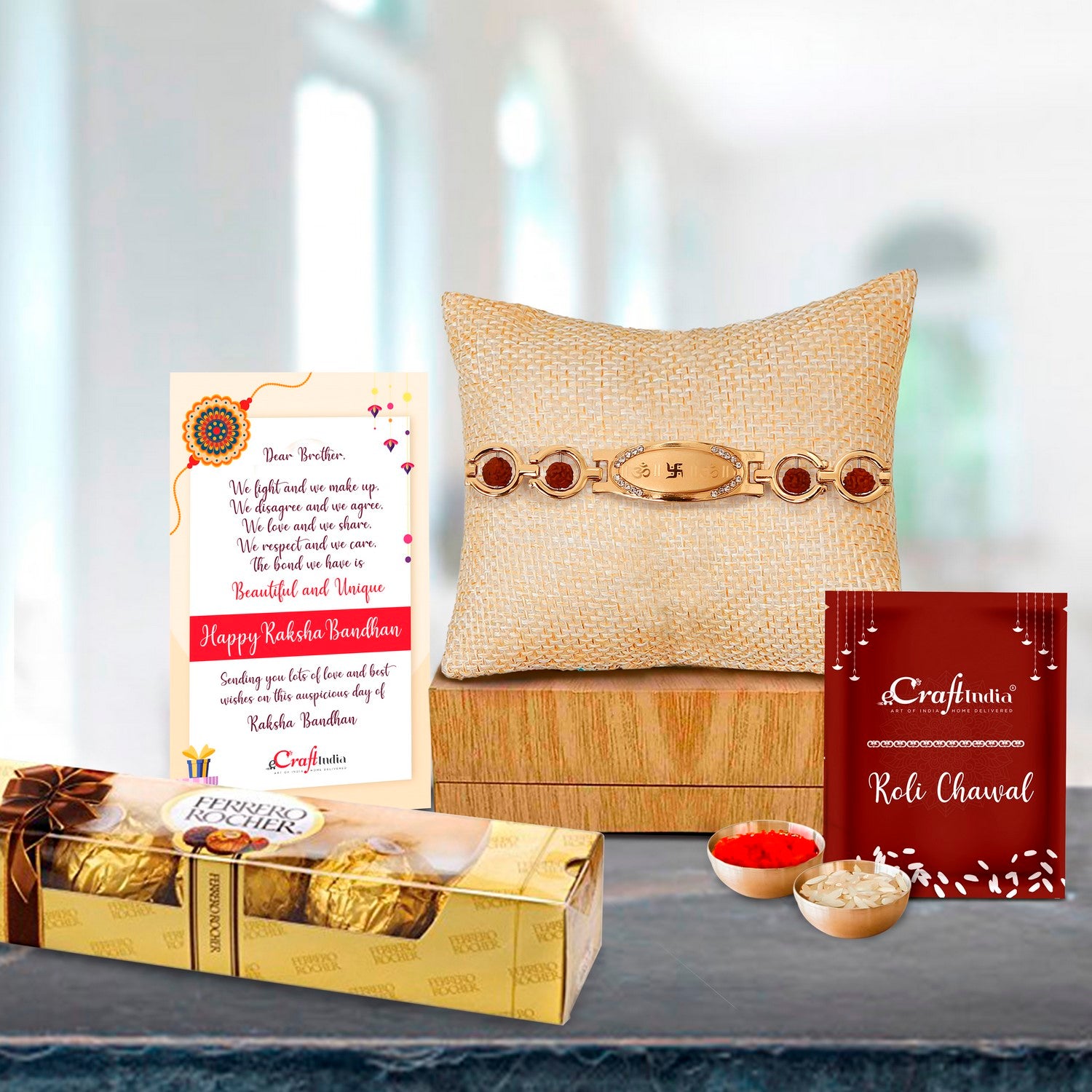 Designer Bracelet Religious Rakhi with Ferrero Rocher (4 pcs) and Roli Chawal Pack, Best Wishes Greeting Card