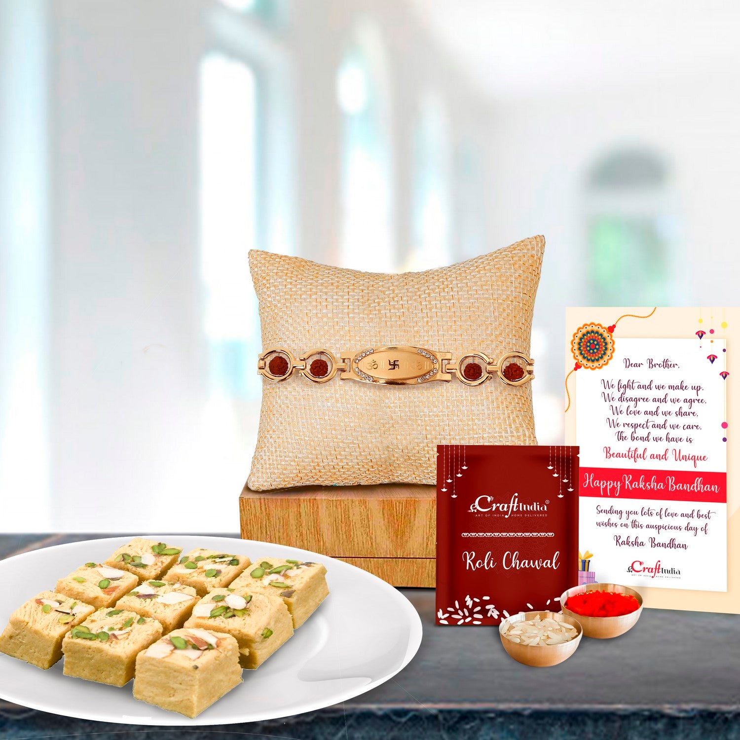 Designer Bracelet Religious Rakhi with Soan Papdi (500 Gm) and Roli Chawal Pack, Best Wishes Greeting Card