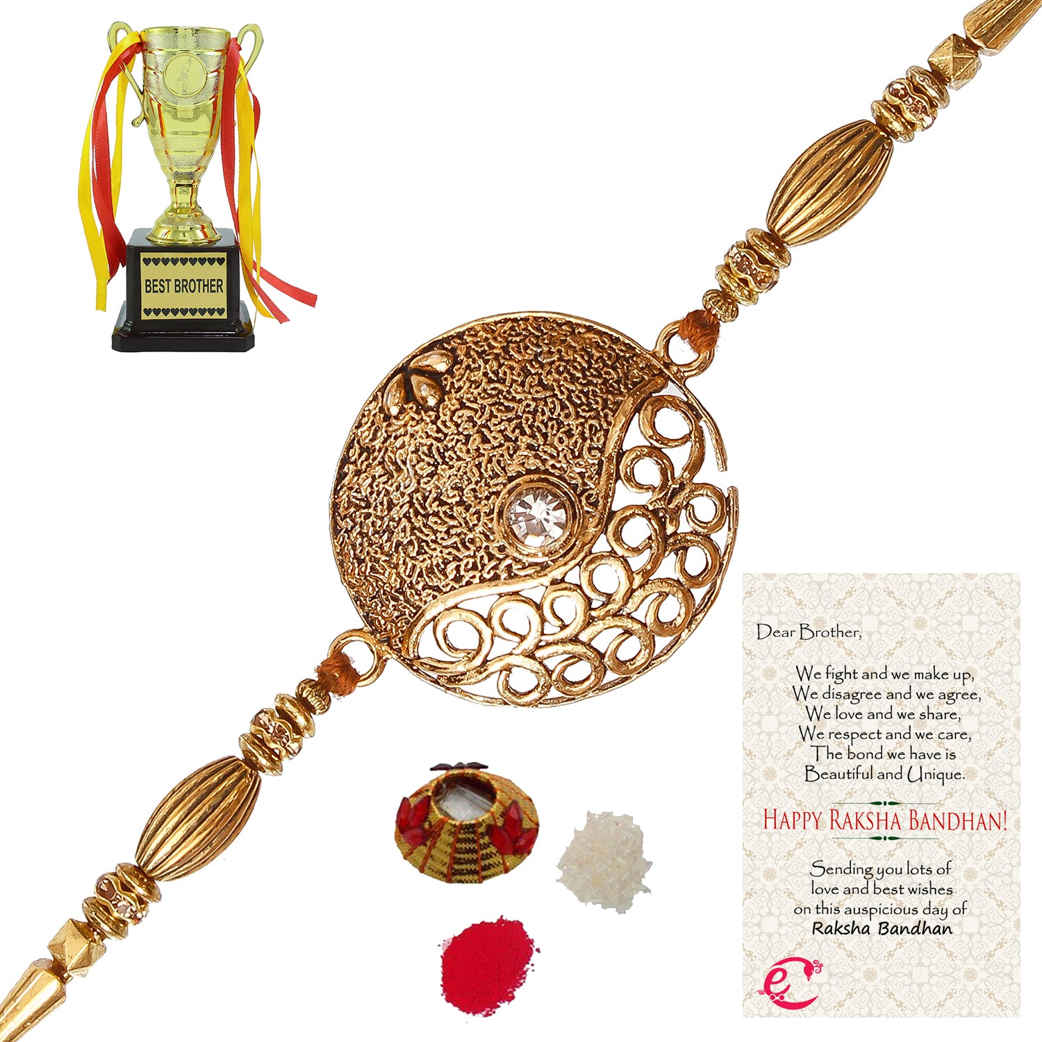 Designer Rakhi with Best Brother Trophy and Roli Tikka Matki, Best Wishes Greeting Card