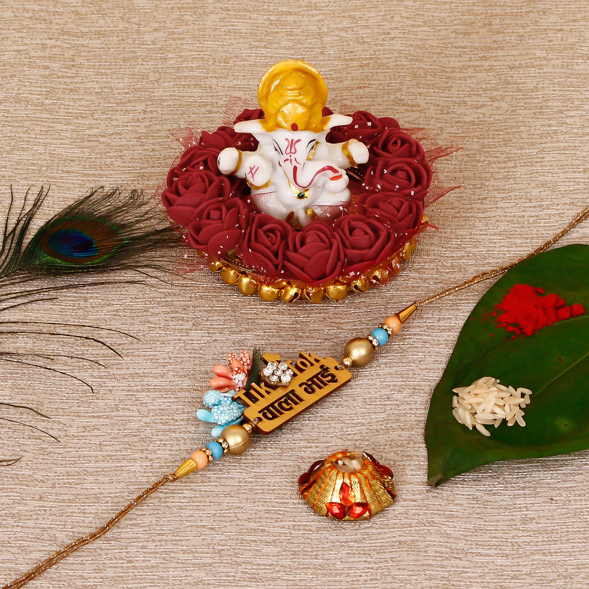 Designer Wooden Tiktok wala Bhai Rakhi with Lord Ganesha Idol on Decorative Plate for Car & Home and Roli Tikka Matki