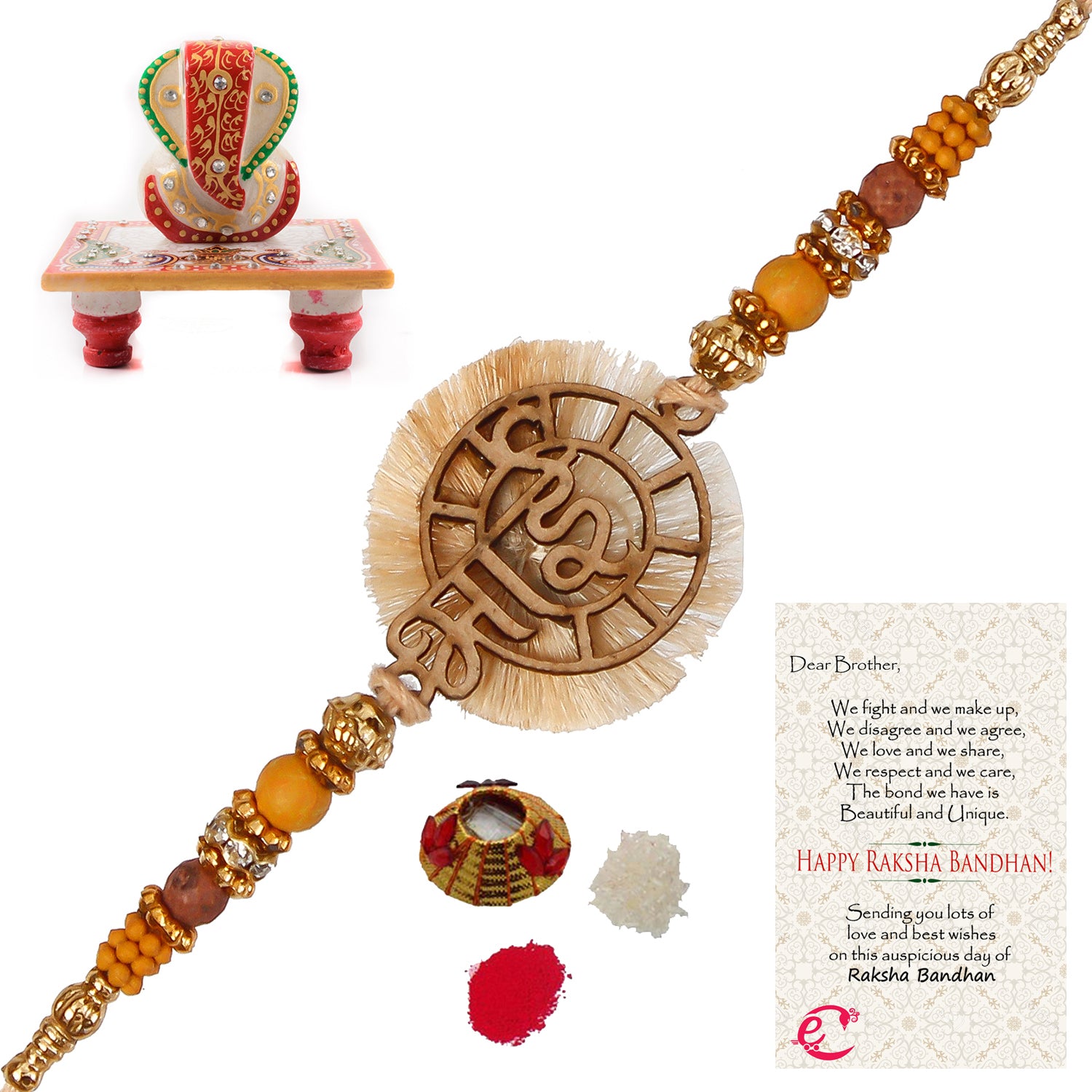 Designer Wooden Bhai Rakhi with Lord Ganesha Marble Chowki and Roli Tikka Matki, Best Wishes Greeting Card