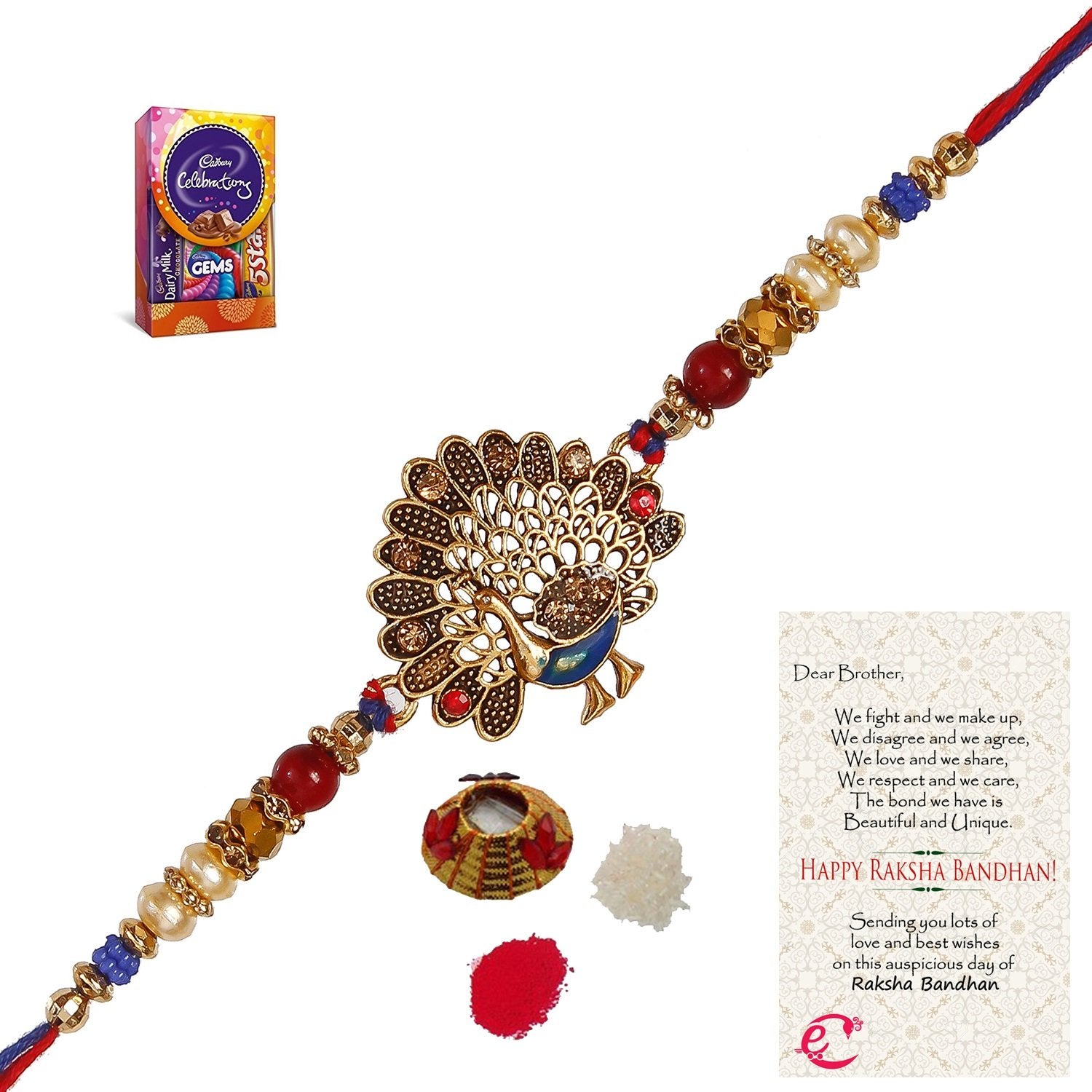 Designer Dancing Peacock Rakhi with Cadbury Celebrations Gift Pack of 5 Assorted Chocolates and Roli Tikka Matki, Best Wishes Greeting Card