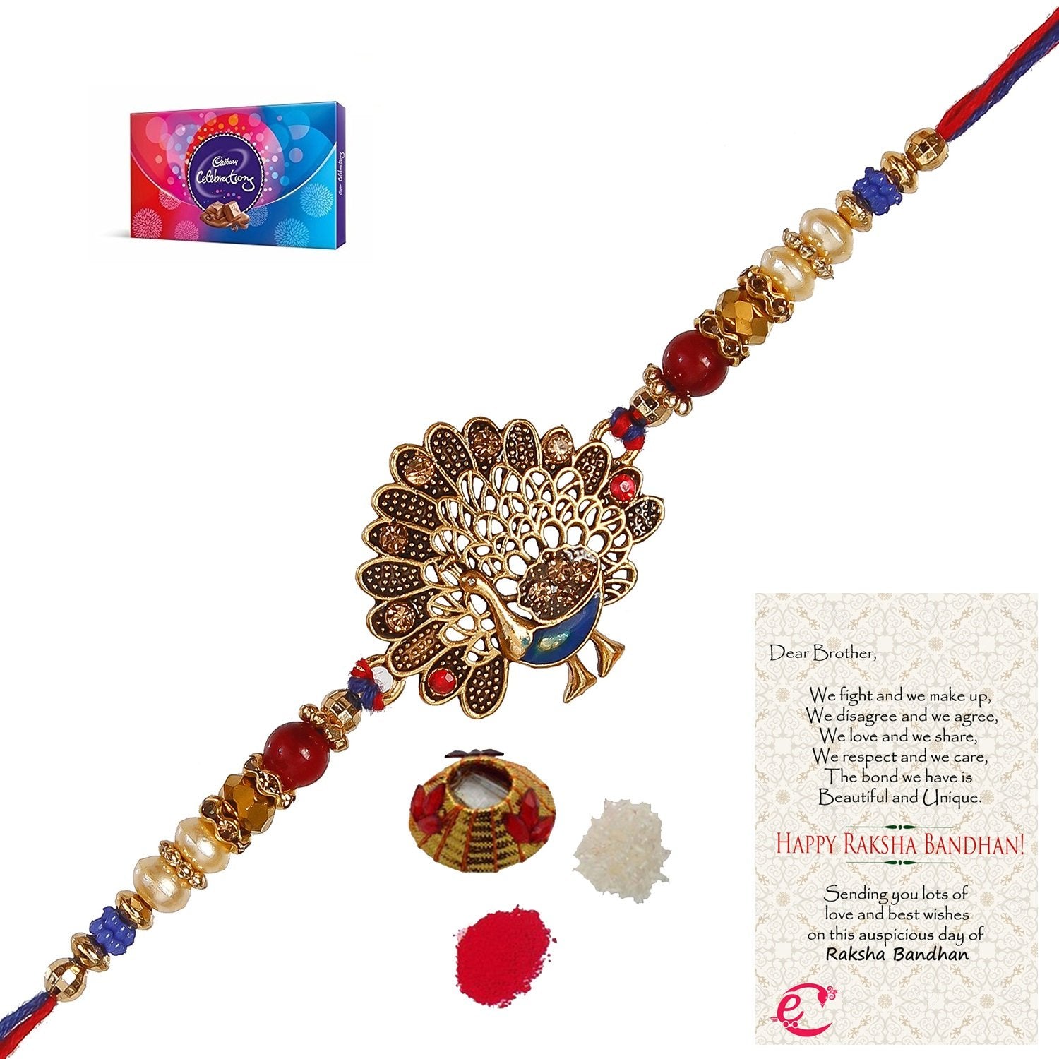 Designer Dancing Peacock Rakhi with Cadbury Celebrations Gift Pack of 7 Assorted Chocolates and Roli Tikka Matki, Best Wishes Greeting Card