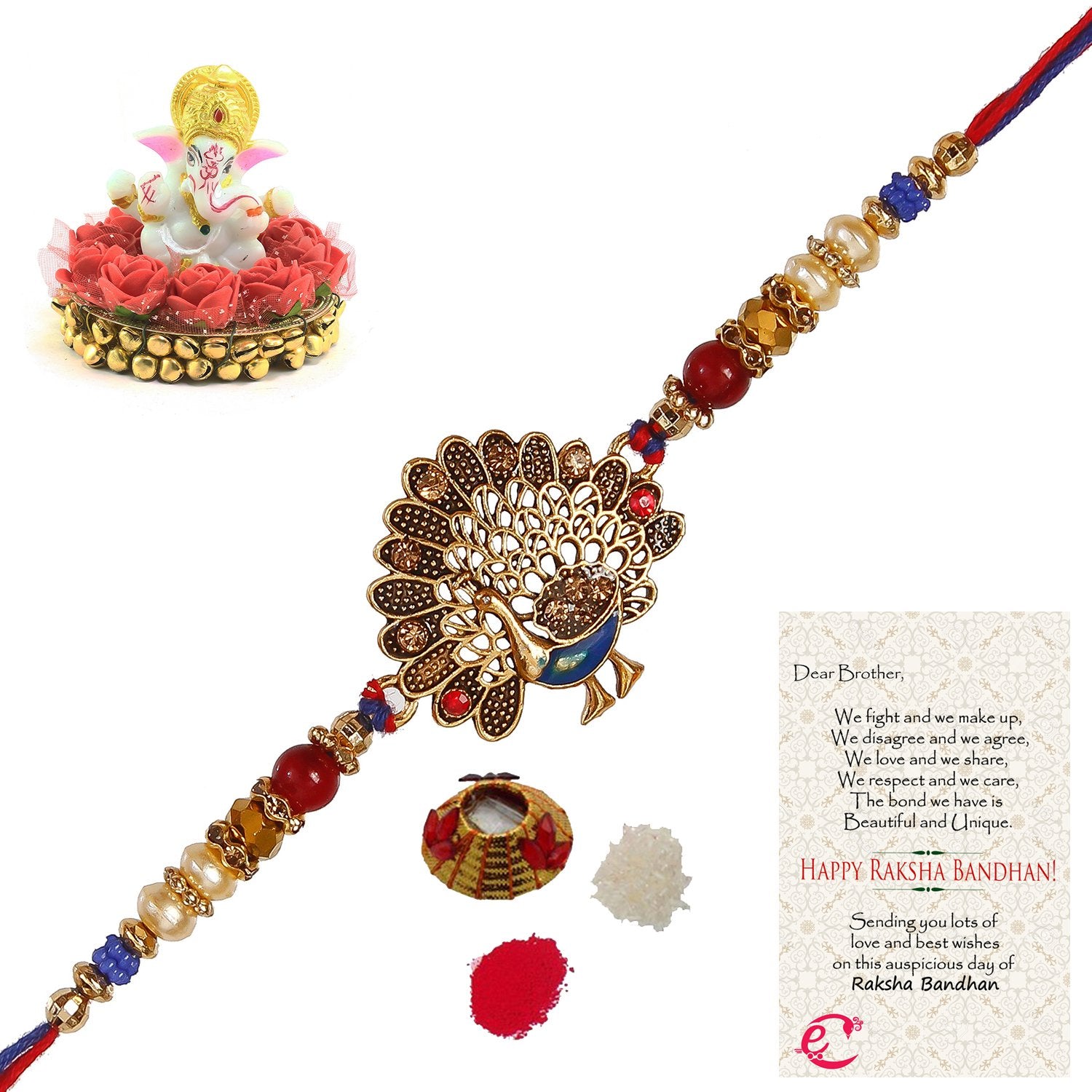 Designer Dancing Peacock Rakhi with Lord Ganesha Idol on Decorative Plate for Car & Home and Roli Tikka Matki, Best Wishes Greeting Card