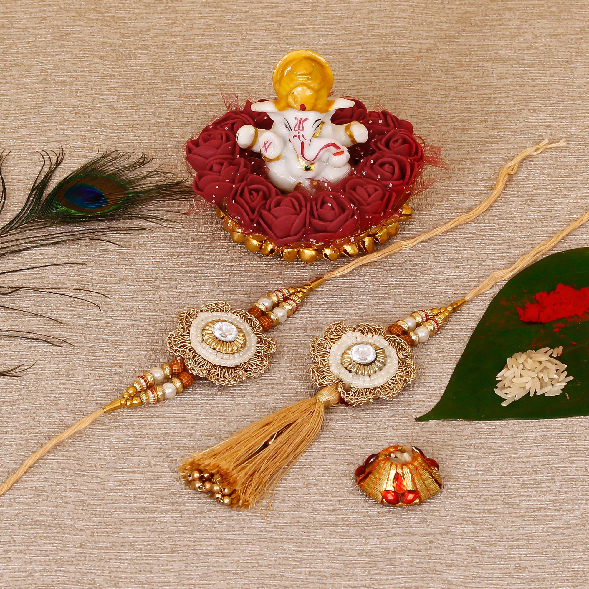 Designer Bhaiya Bhabhi Rakhi with Lord Ganesha Idol on Decorative Plate for Car & Home and Roli Tikka Matki